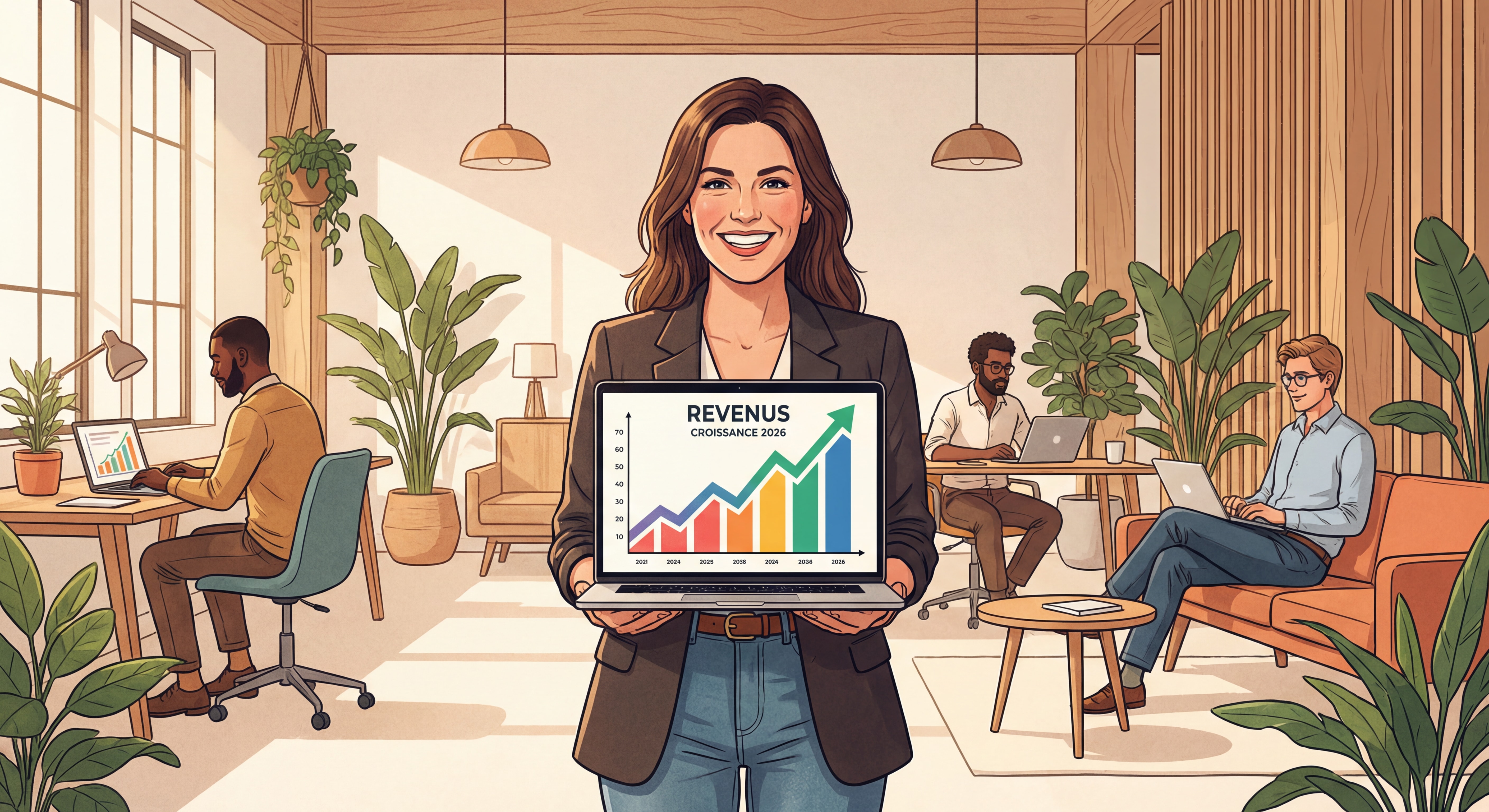 Indépendant(e) confiant(e) travaillant sur un laptop dans un espace de coworking moderne, souriant devant un écran affichant des courbes de revenus en hausse