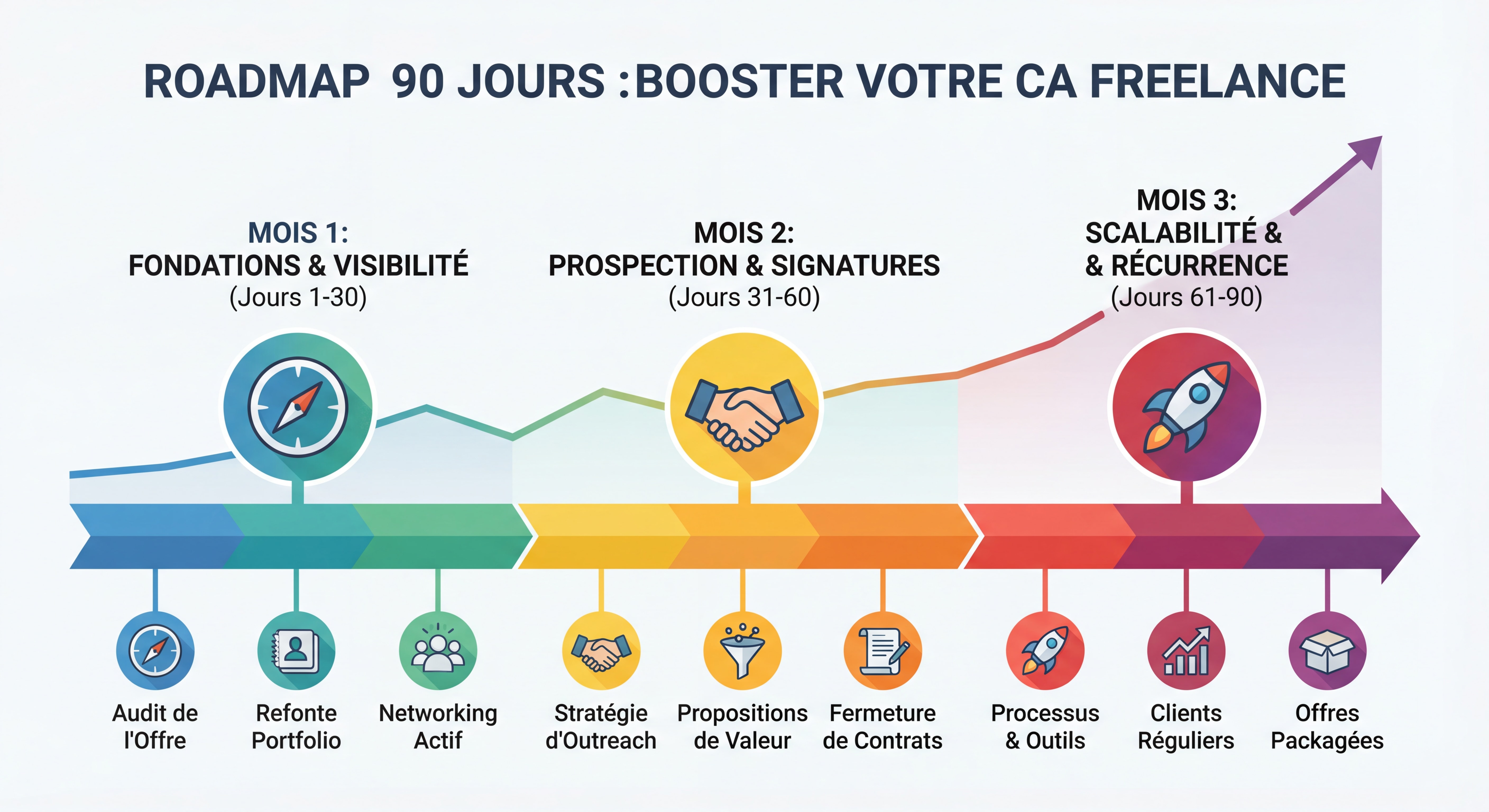 Roadmap visuelle en 3 étapes sur 90 jours pour augmenter son chiffre d'affaires freelance, avec timeline claire, icônes et jalons mensuels colorés