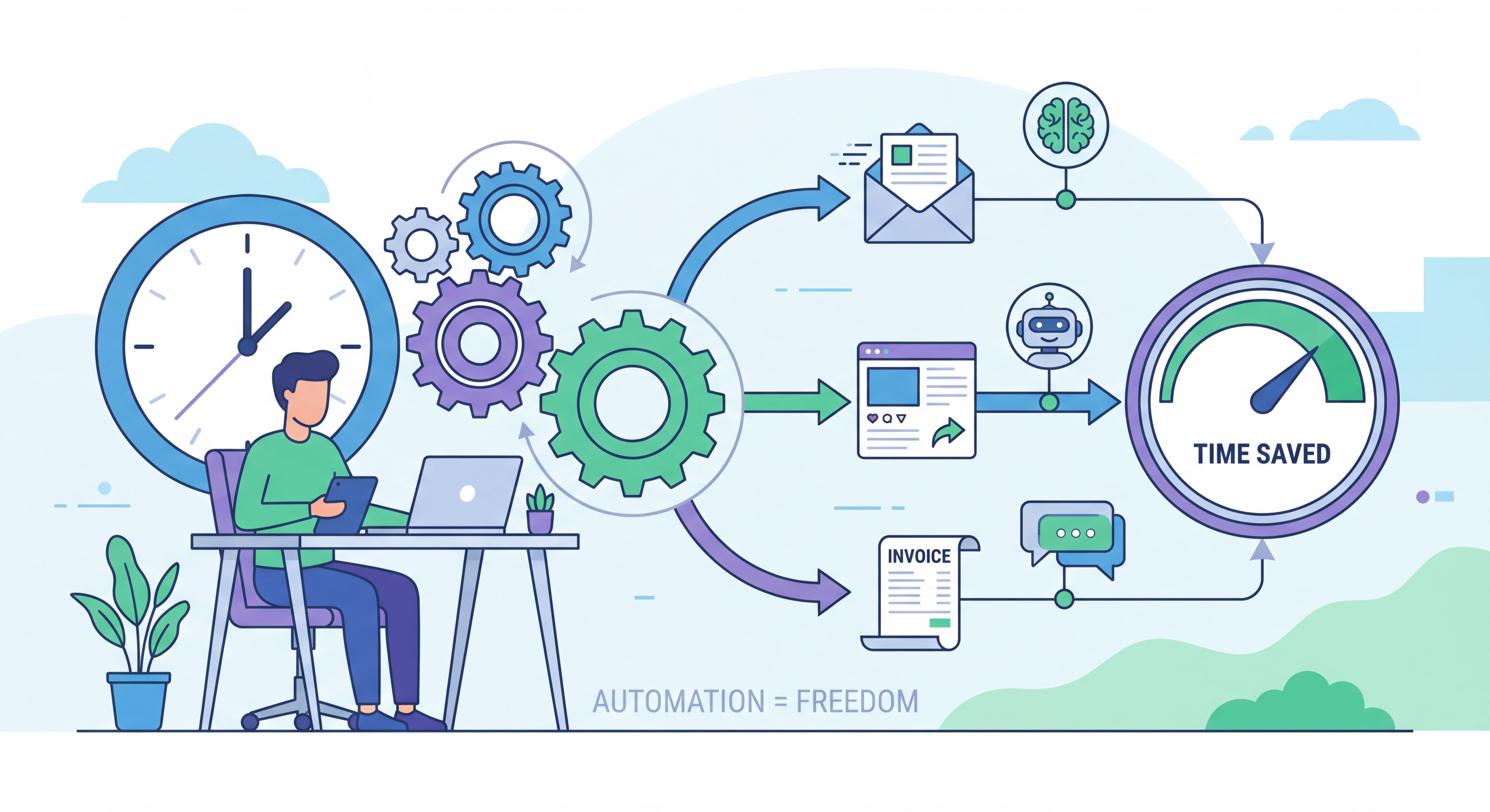 Illustration flat design représentant l'automation et le gain de temps pour un freelance, avec engrenages, horloge, outils connectés et icônes IA dans un style moderne épuré