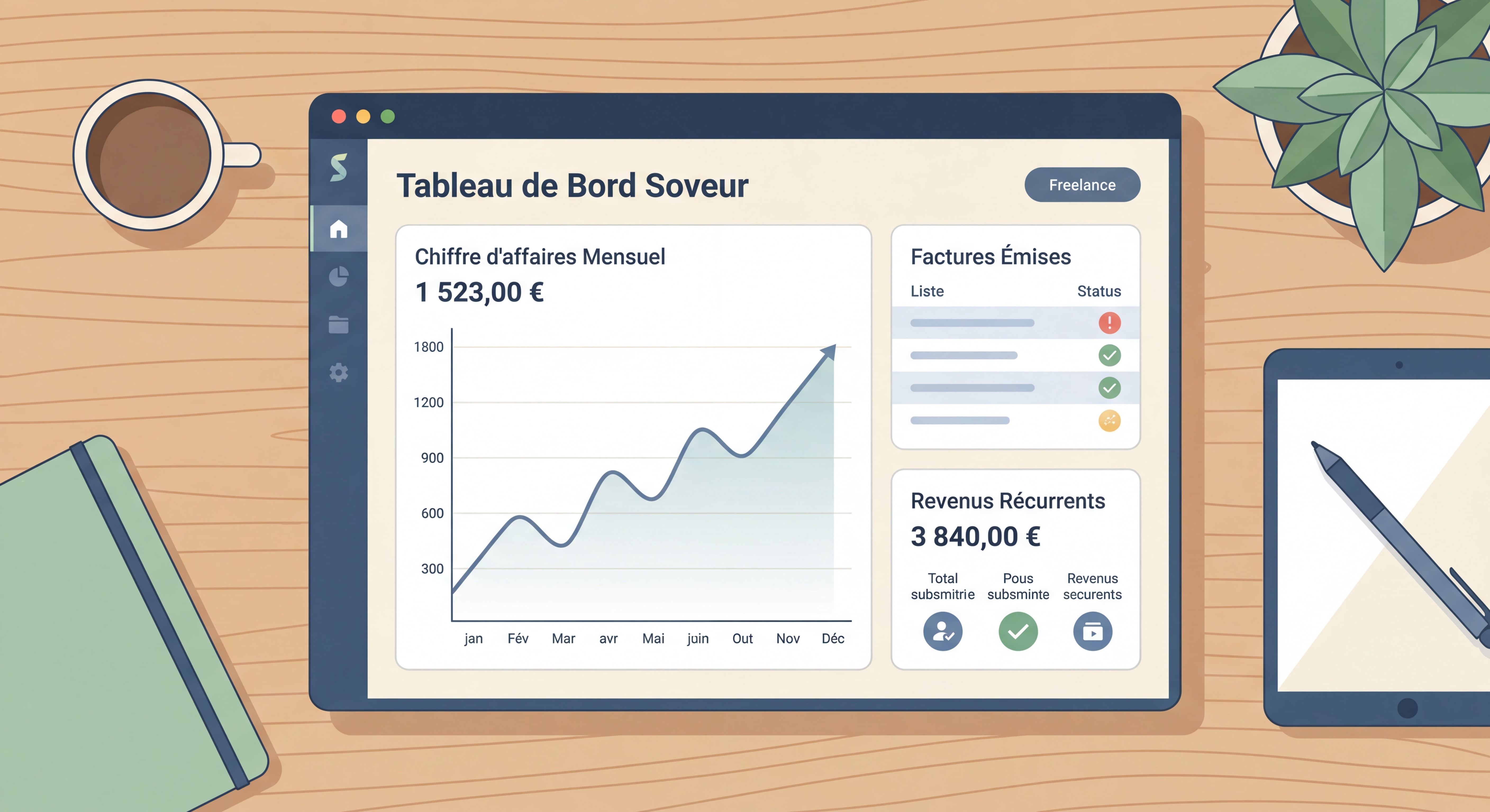 Dashboard d'outil de gestion freelance style Soveur — interface moderne montrant le suivi du chiffre d'affaires mensuel, les factures émises et les revenus récurrents, design épuré et inspirant