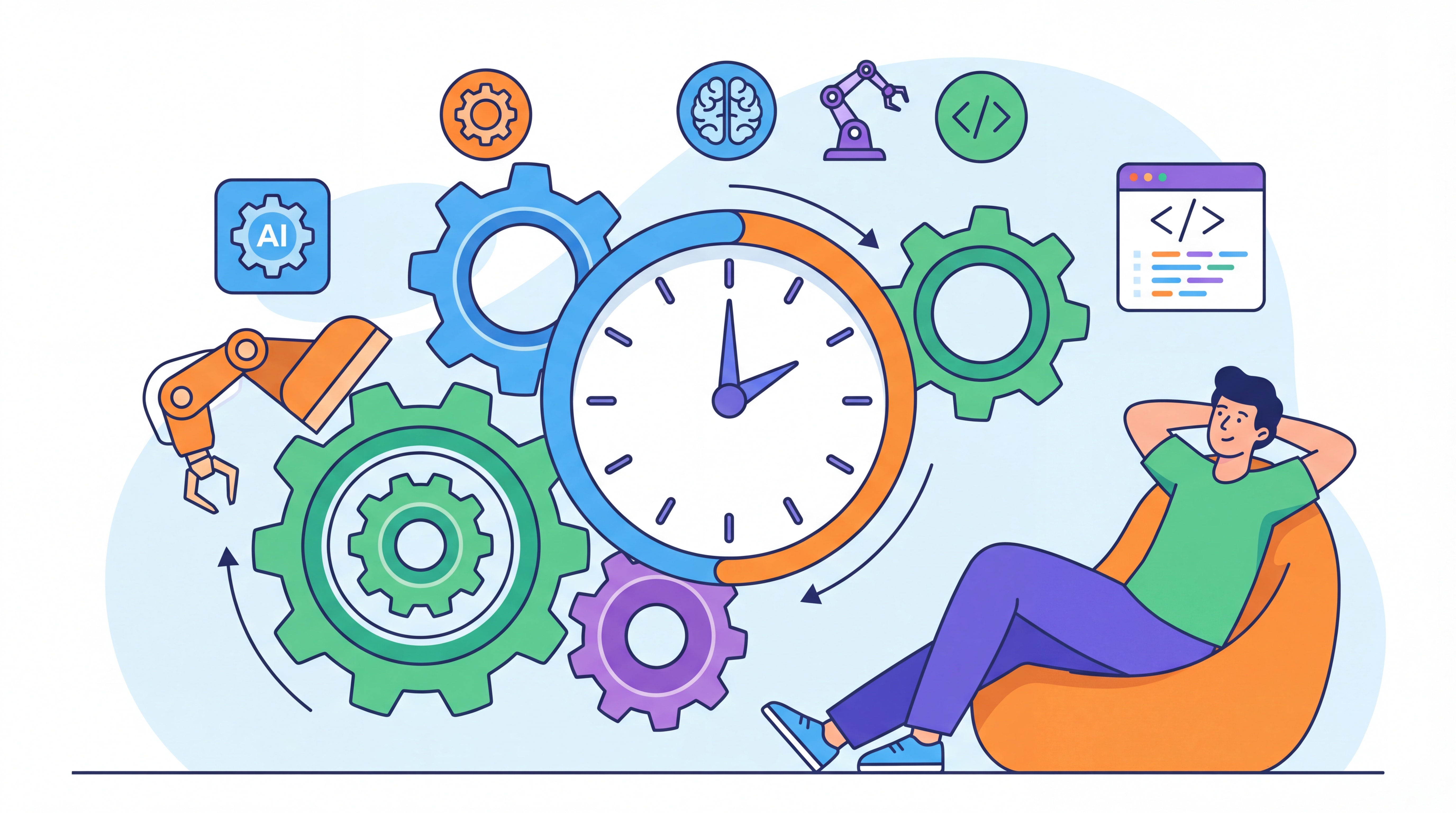 Illustration flat design moderne représentant l'automation et le gain de temps : engrenages connectés, horloge, outils IA, workflow automatisé, couleurs vives et épurées