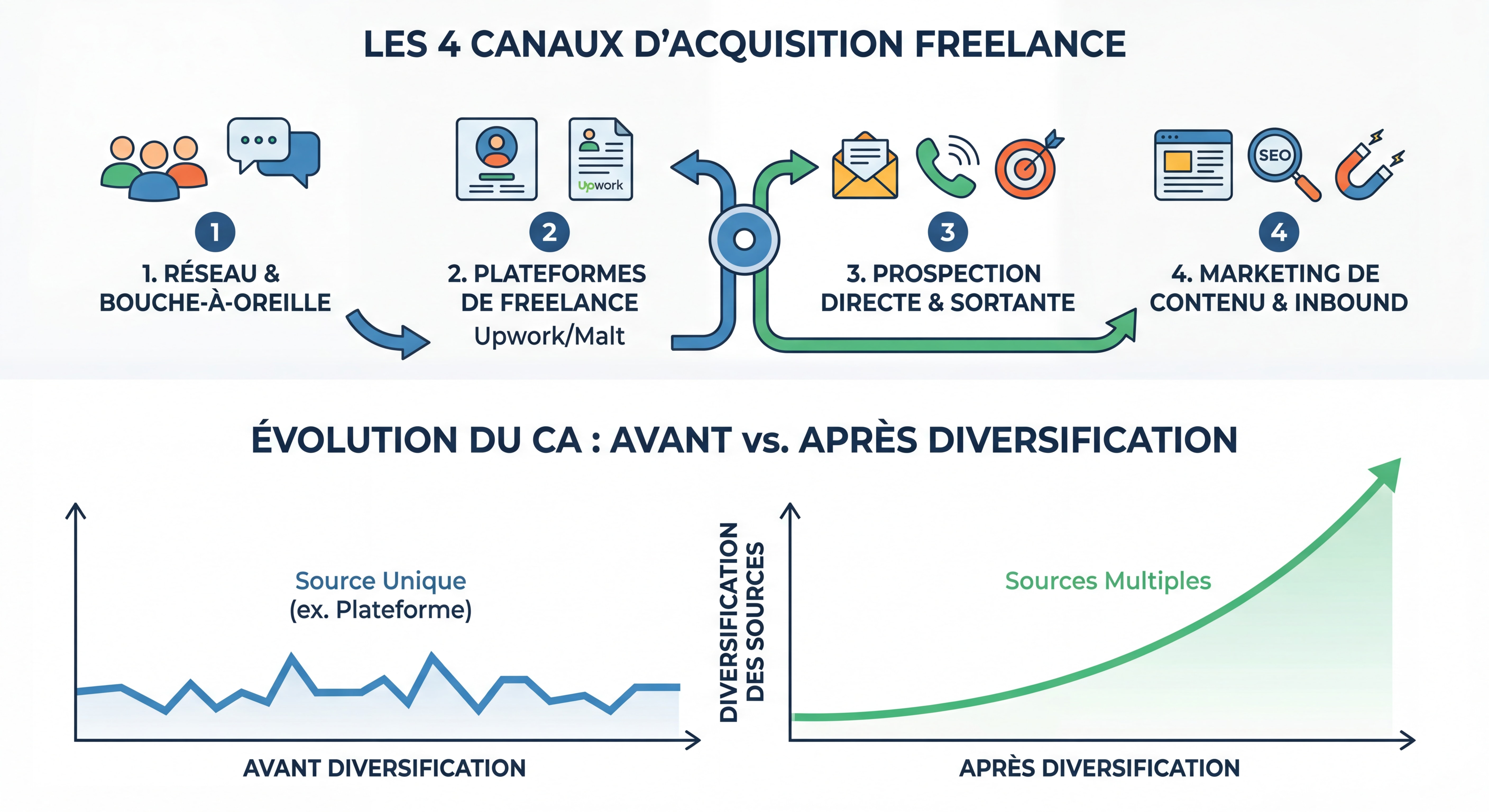 Infographie illustrant les 4 canaux d'acquisition freelance avec courbe d'évolution du CA avant/après diversification des sources clients