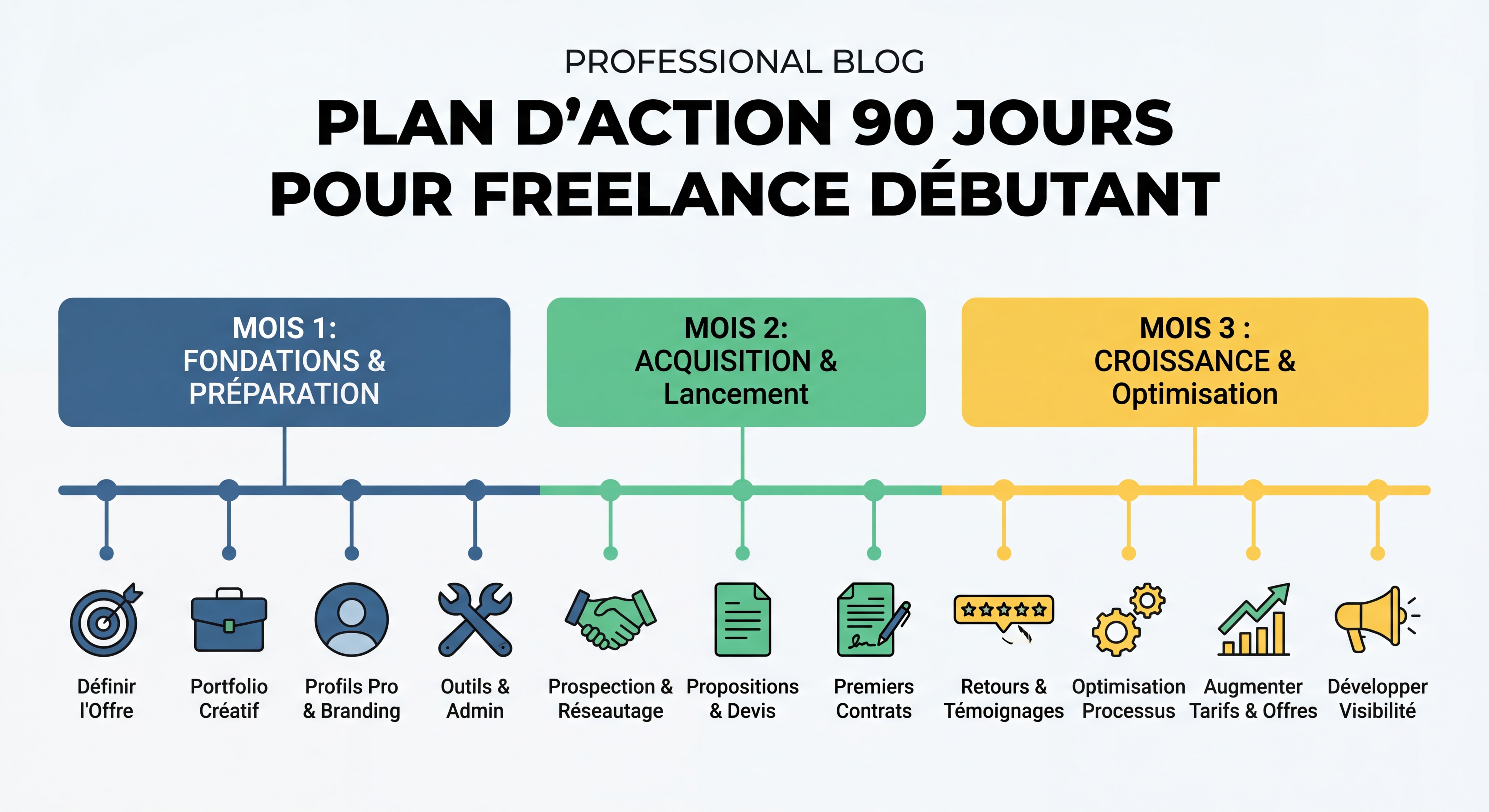 Infographie roadmap plan d'action 90 jours pour freelance débutant : timeline visuelle avec les 3 mois, étapes clés, icônes modernes, style épuré et professionnel