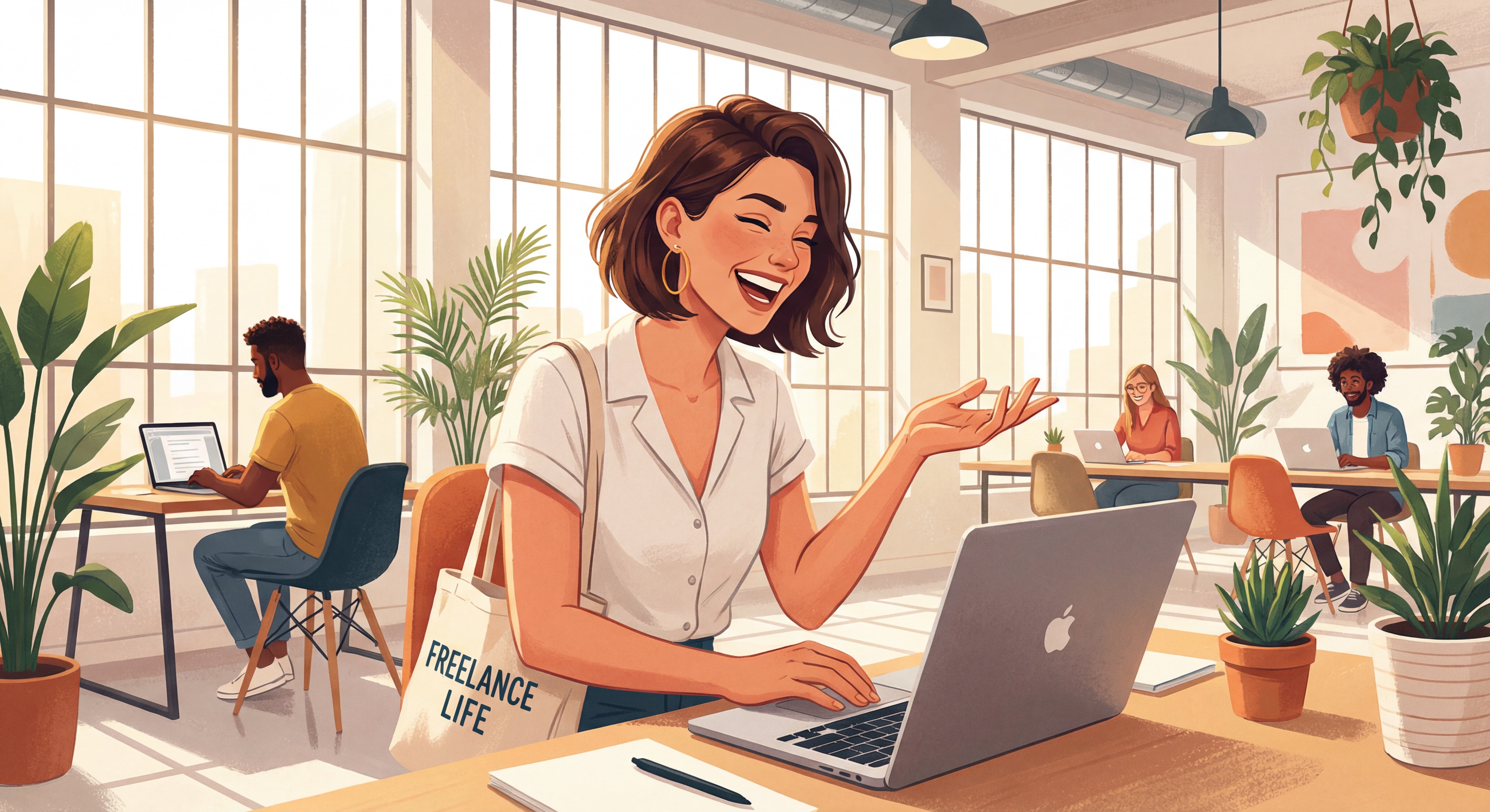 Indépendant(e) confiant(e) souriant devant un laptop dans un espace de coworking moderne, lumière naturelle, posture dynamique et inspirante