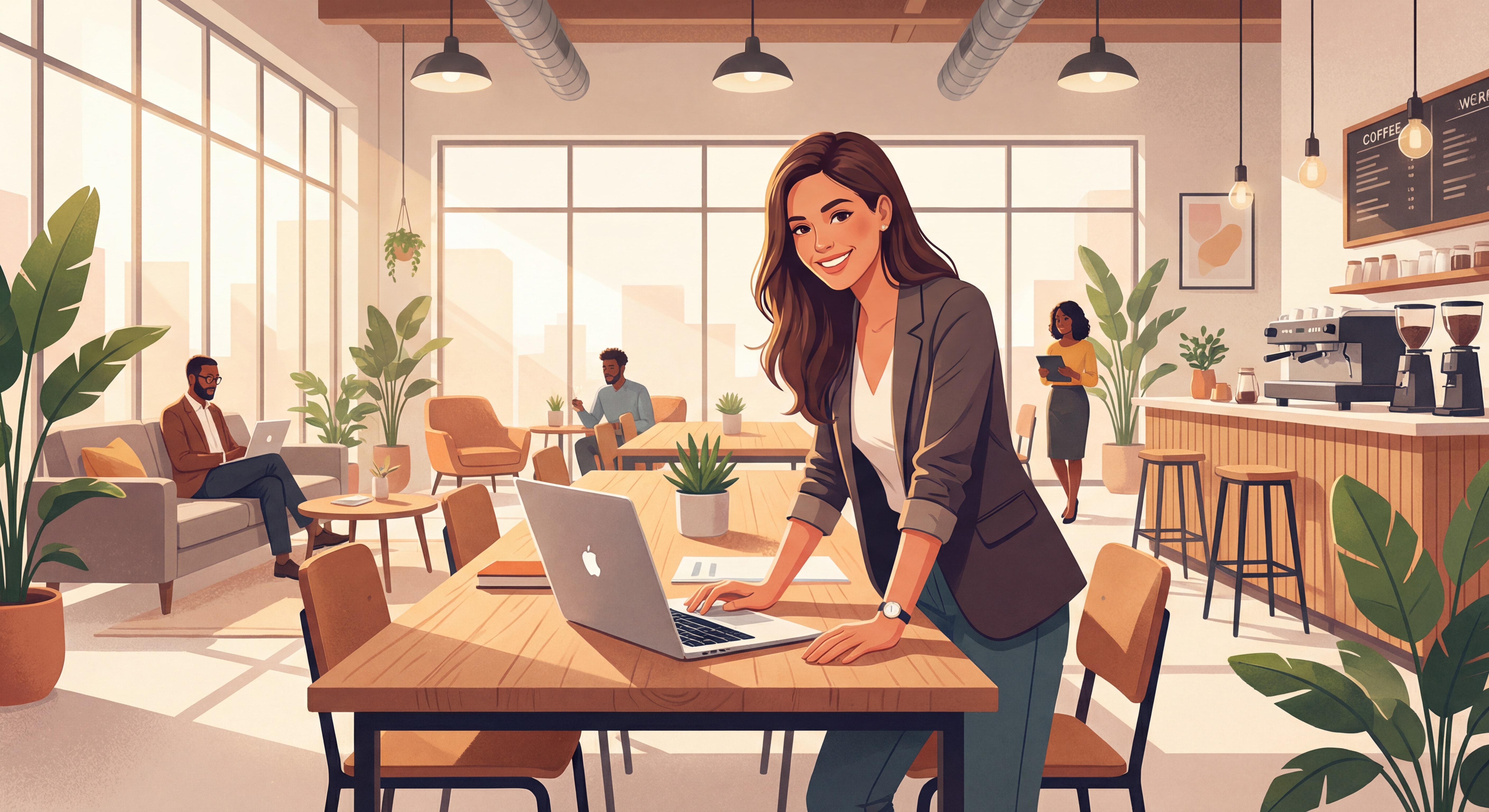 Jeune indépendant(e) souriant(e) devant un laptop dans un espace de coworking moderne, posture confiante, lumière naturelle, ambiance inspirante