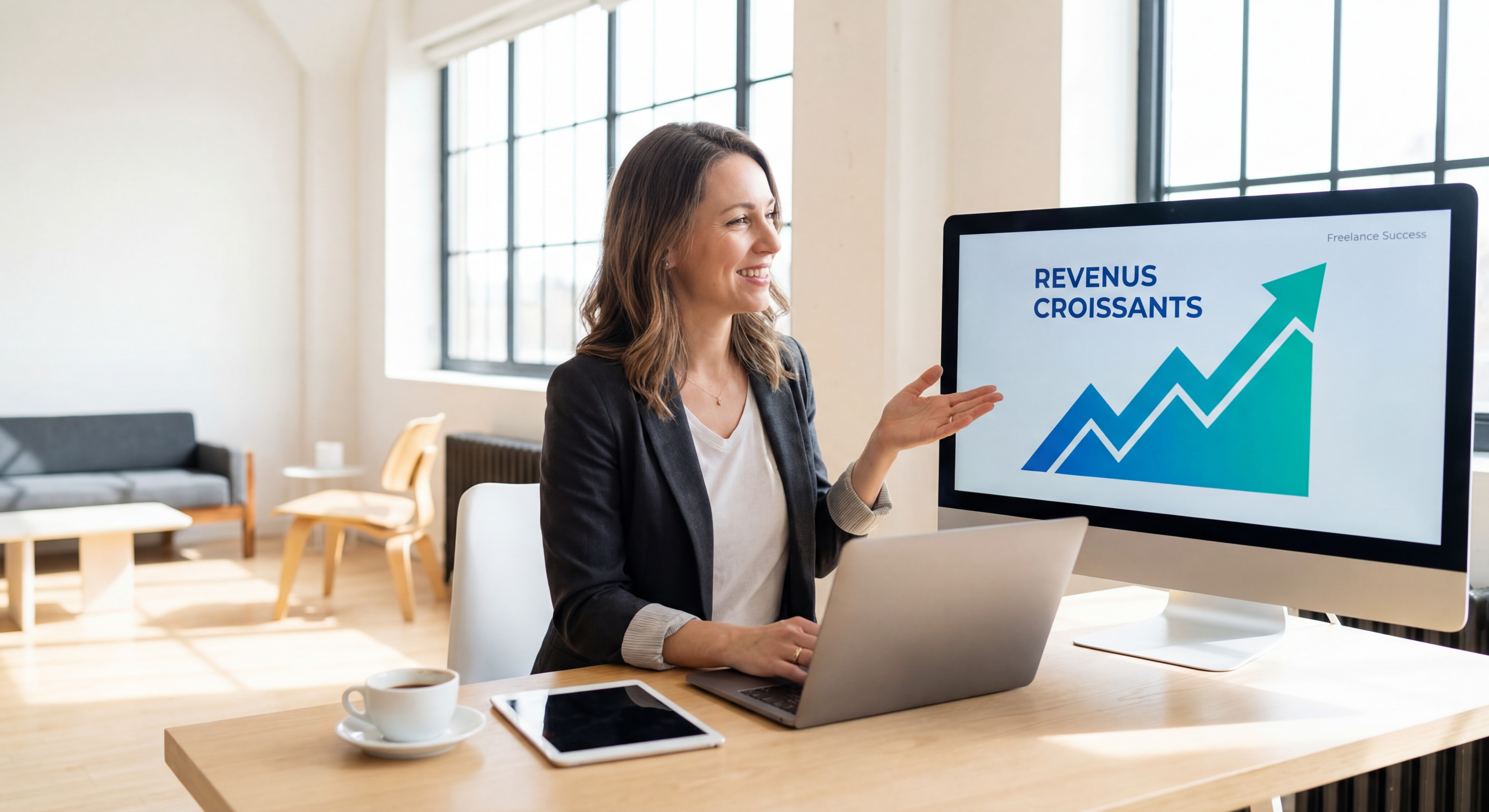 Indépendant(e) confiant(e) devant un écran affichant des courbes de revenus en hausse dans un espace de travail moderne et lumineux