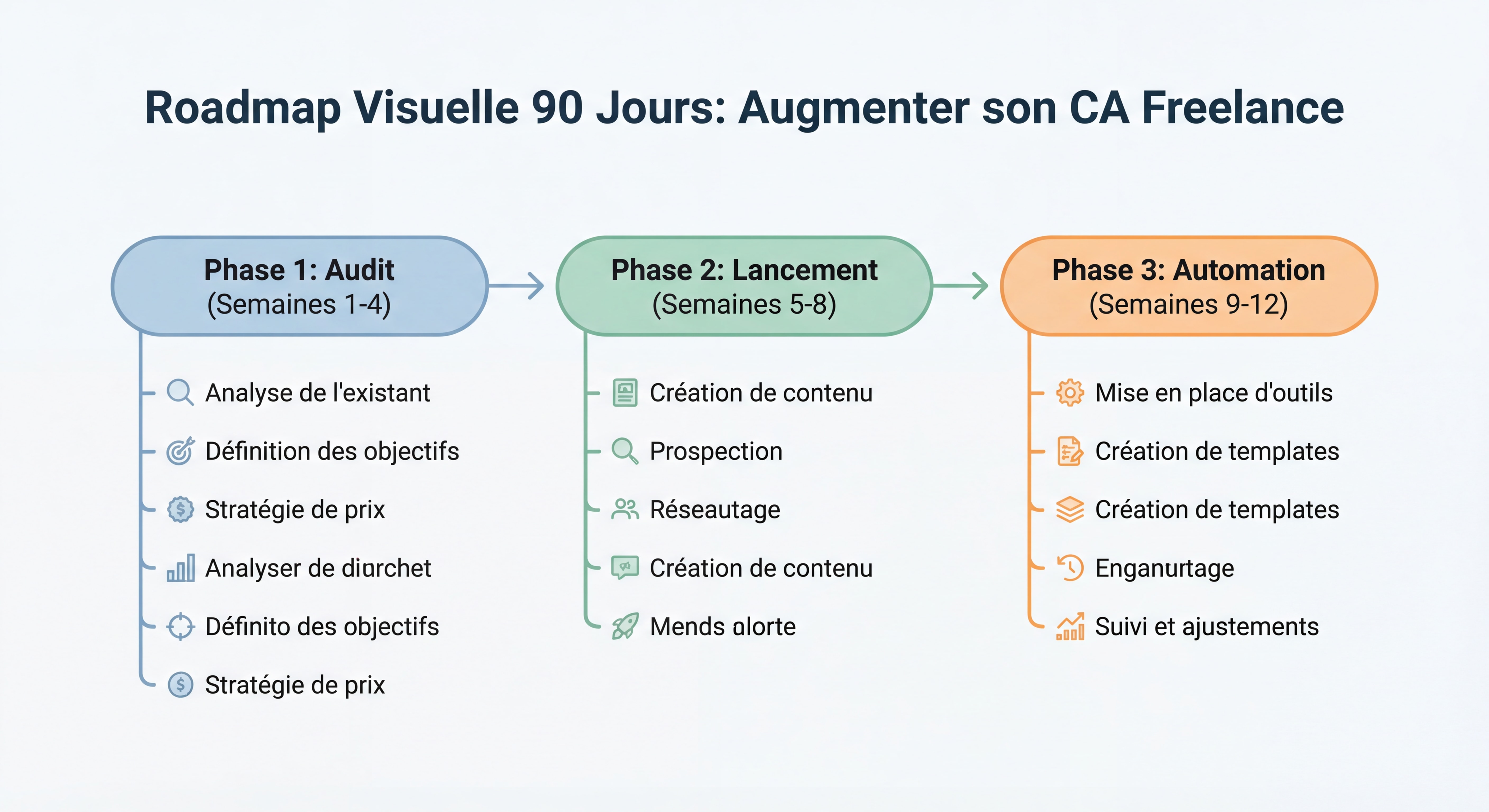 Roadmap visuelle 90 jours pour augmenter son CA freelance — timeline avec 3 phases (Audit, Lancement, Automation) et actions clés par semaine