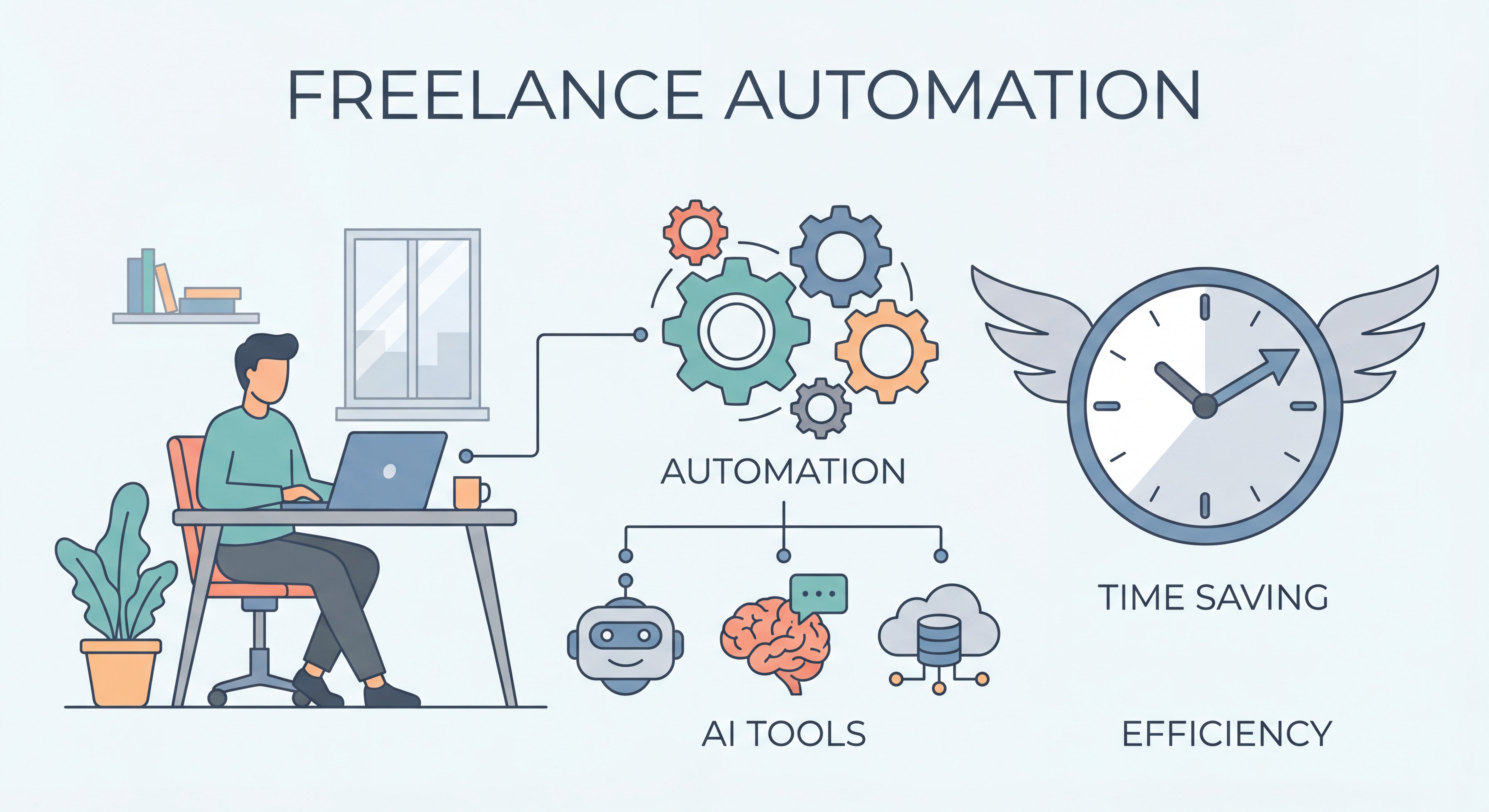 Illustration flat design représentant l'automation freelance — engrenages connectés, outils IA, horloge symbolisant le gain de temps, palette de couleurs modernes et épurées