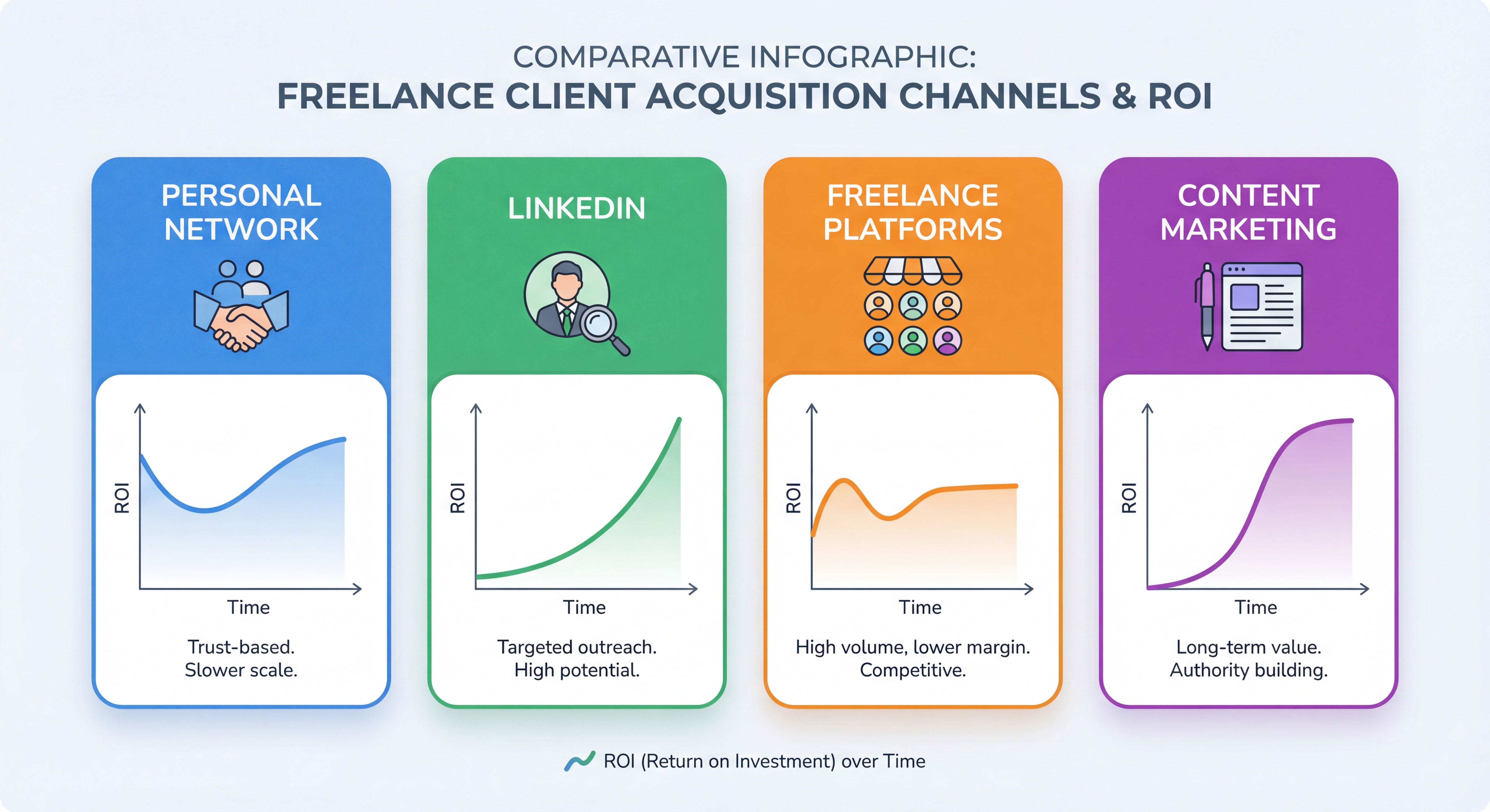 Infographie comparative des canaux d'acquisition clients freelance avec courbes de ROI par canal (réseau, LinkedIn, plateformes, content marketing)