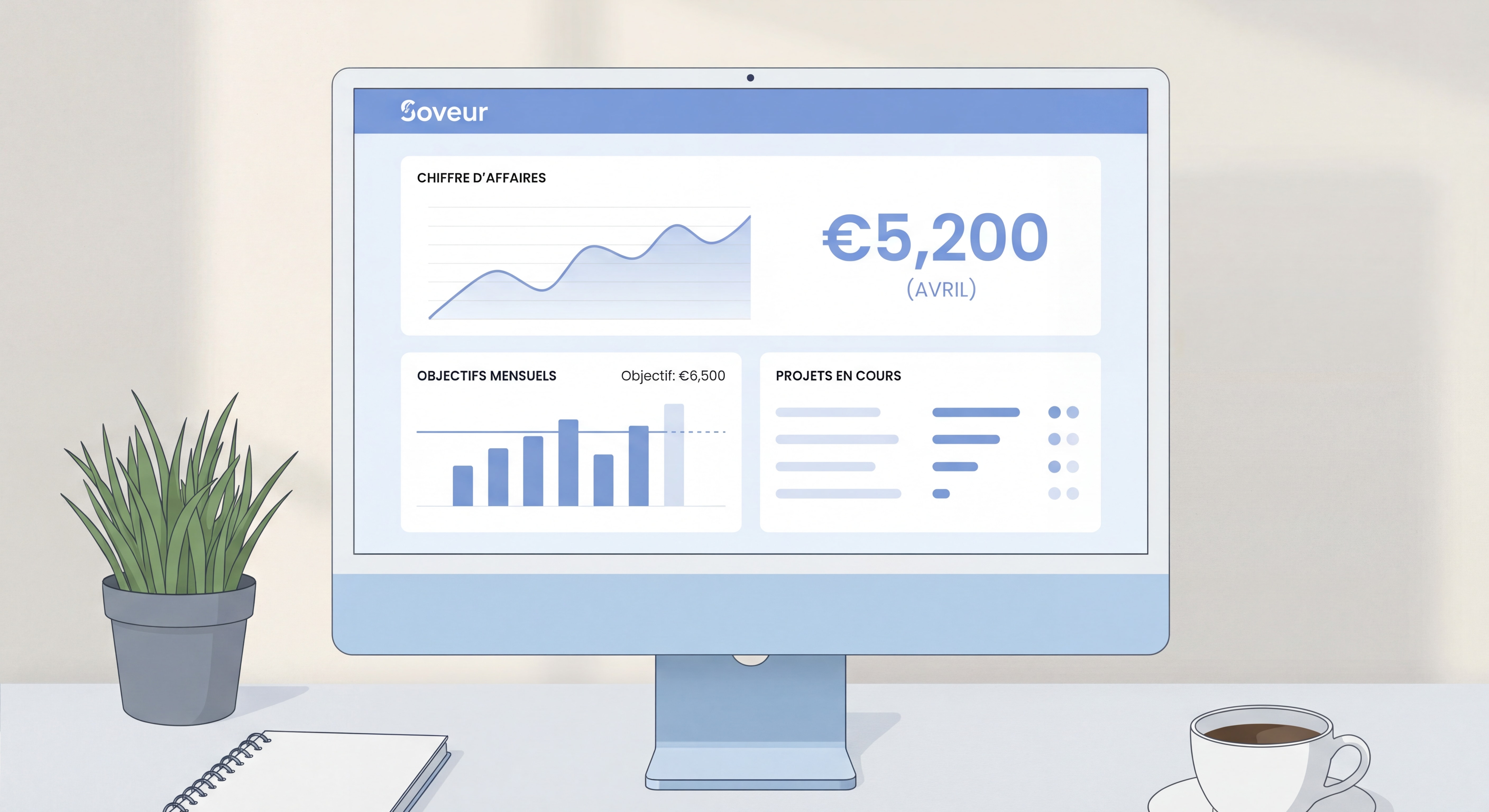 Dashboard moderne d'un outil de gestion freelance type Soveur montrant le suivi du chiffre d'affaires avec des données inspirantes et une interface épurée