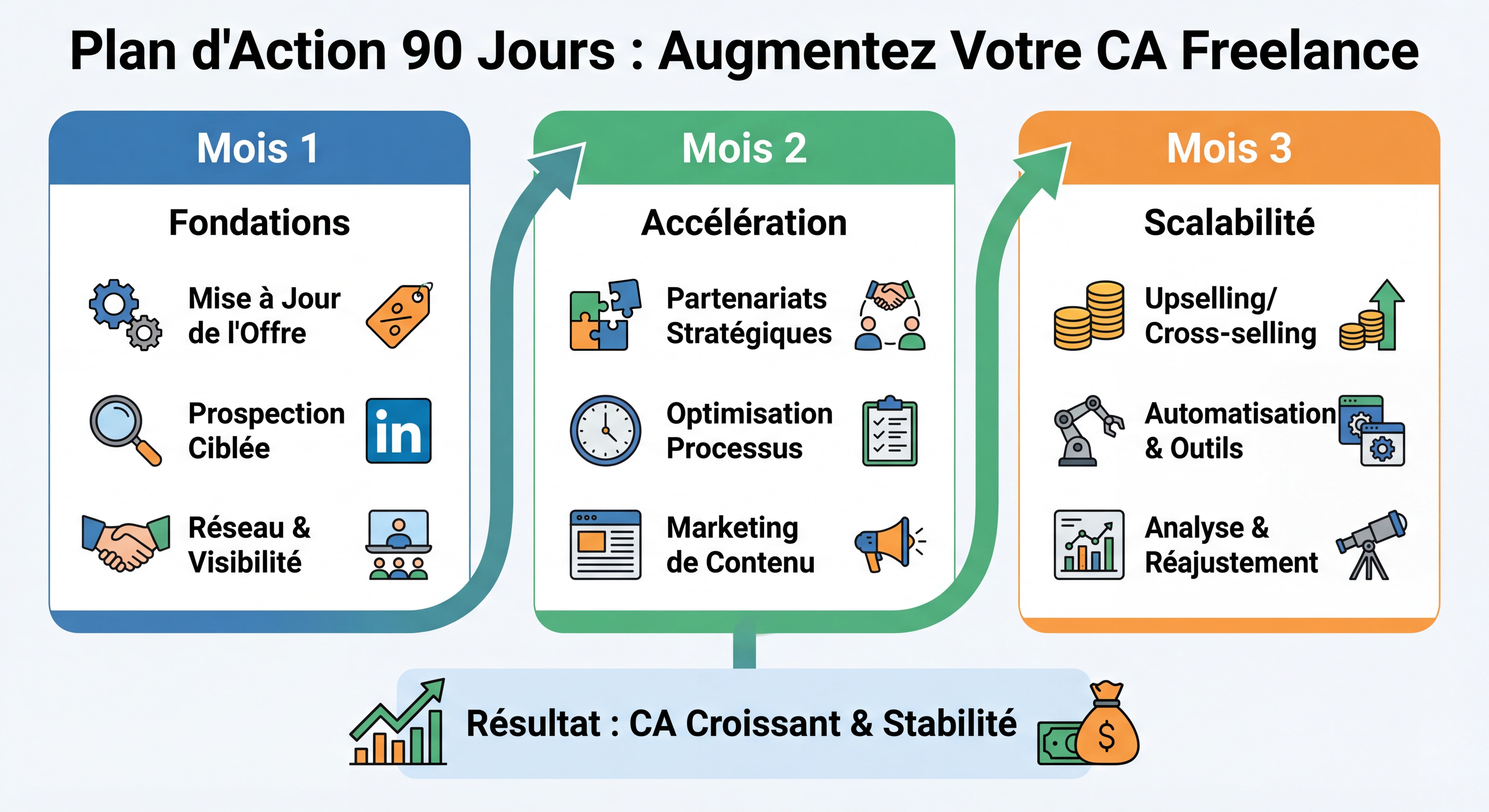 Infographie roadmap visuelle du plan d'action 90 jours pour augmenter son CA freelance, avec 3 colonnes Mois 1 / Mois 2 / Mois 3 et les étapes clés illustrées