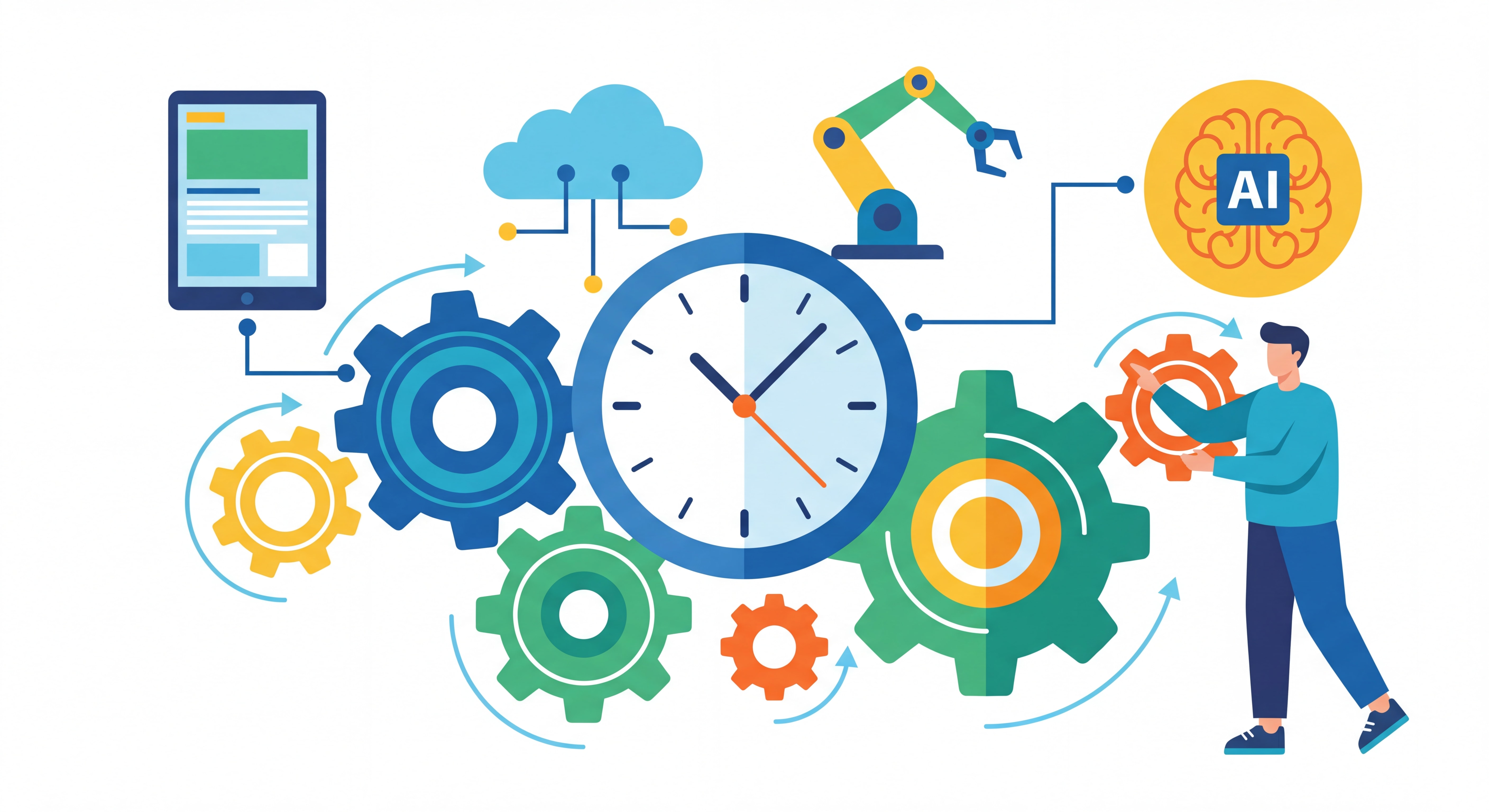Illustration flat design moderne représentant l'automation freelance avec engrenages, horloge, outils connectés et intelligence artificielle, couleurs vives et professionnelles