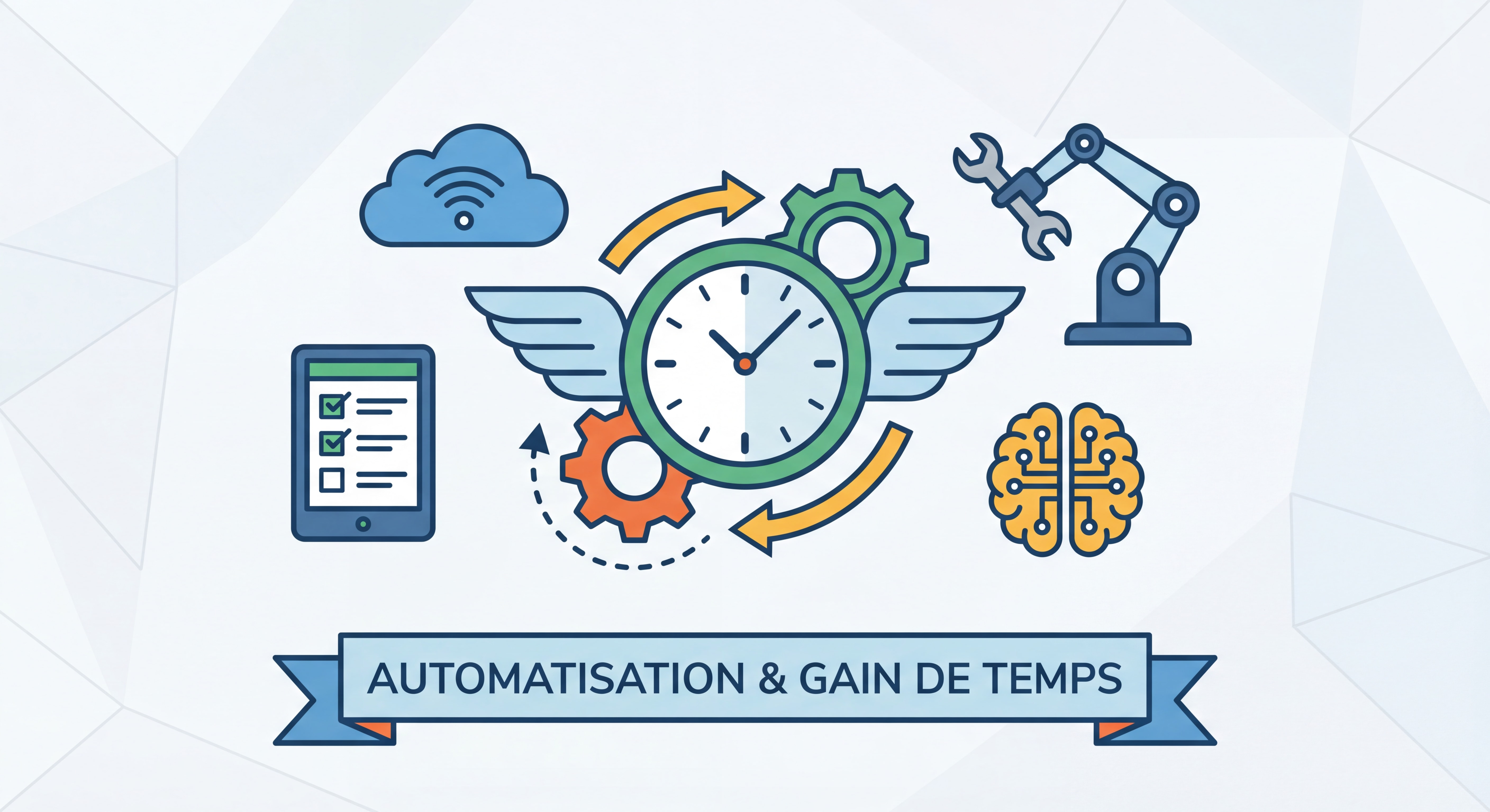 Illustration flat design moderne représentant l'automatisation et le gain de temps : engrenages, horloge, outils connectés et IA, style épuré aux couleurs vives professionnelles
