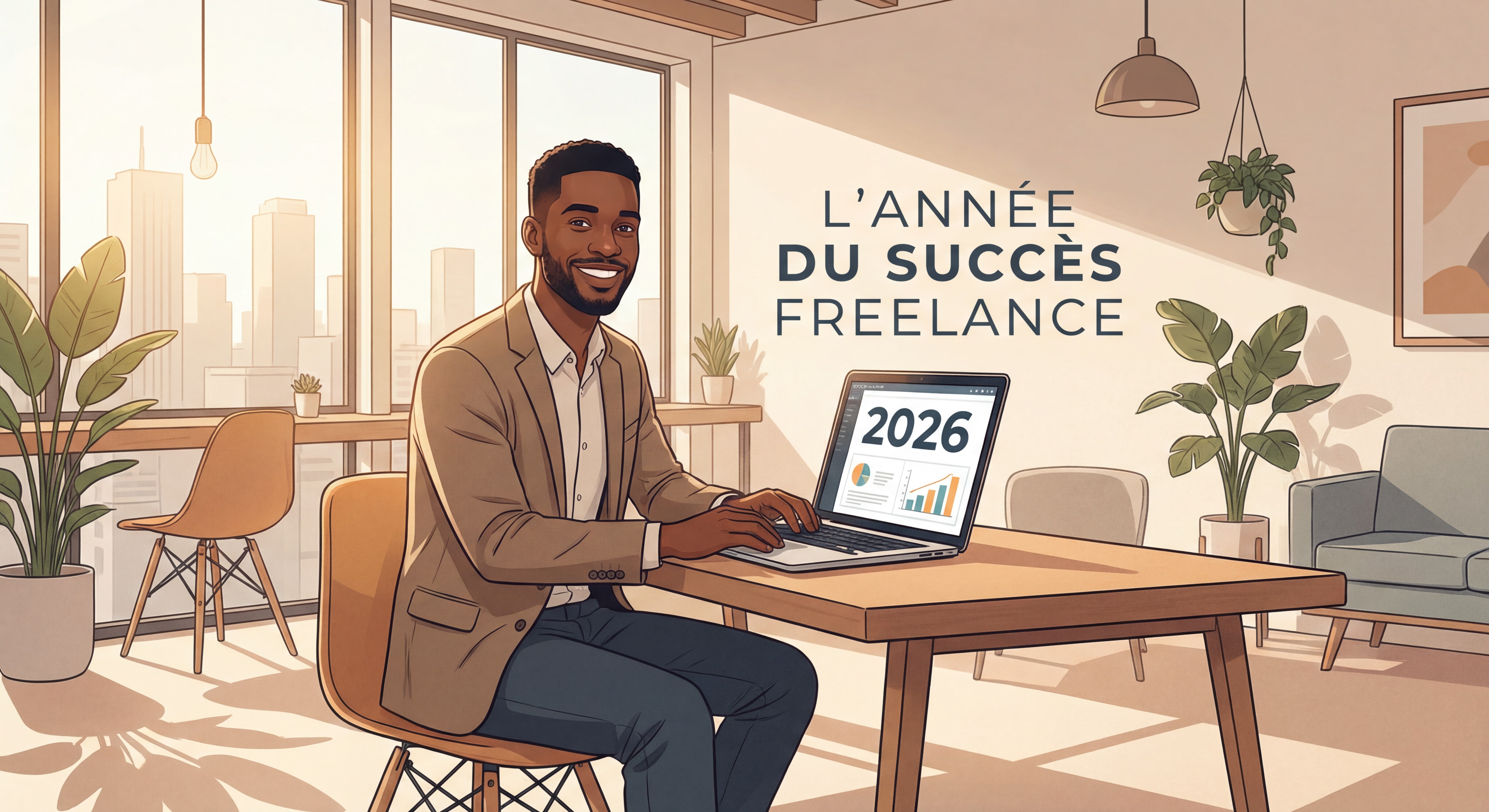 Indépendant(e) confiant(e) souriant(e) devant un laptop dans un espace de travail moderne et lumineux, symbolisant la réussite freelance en 2026