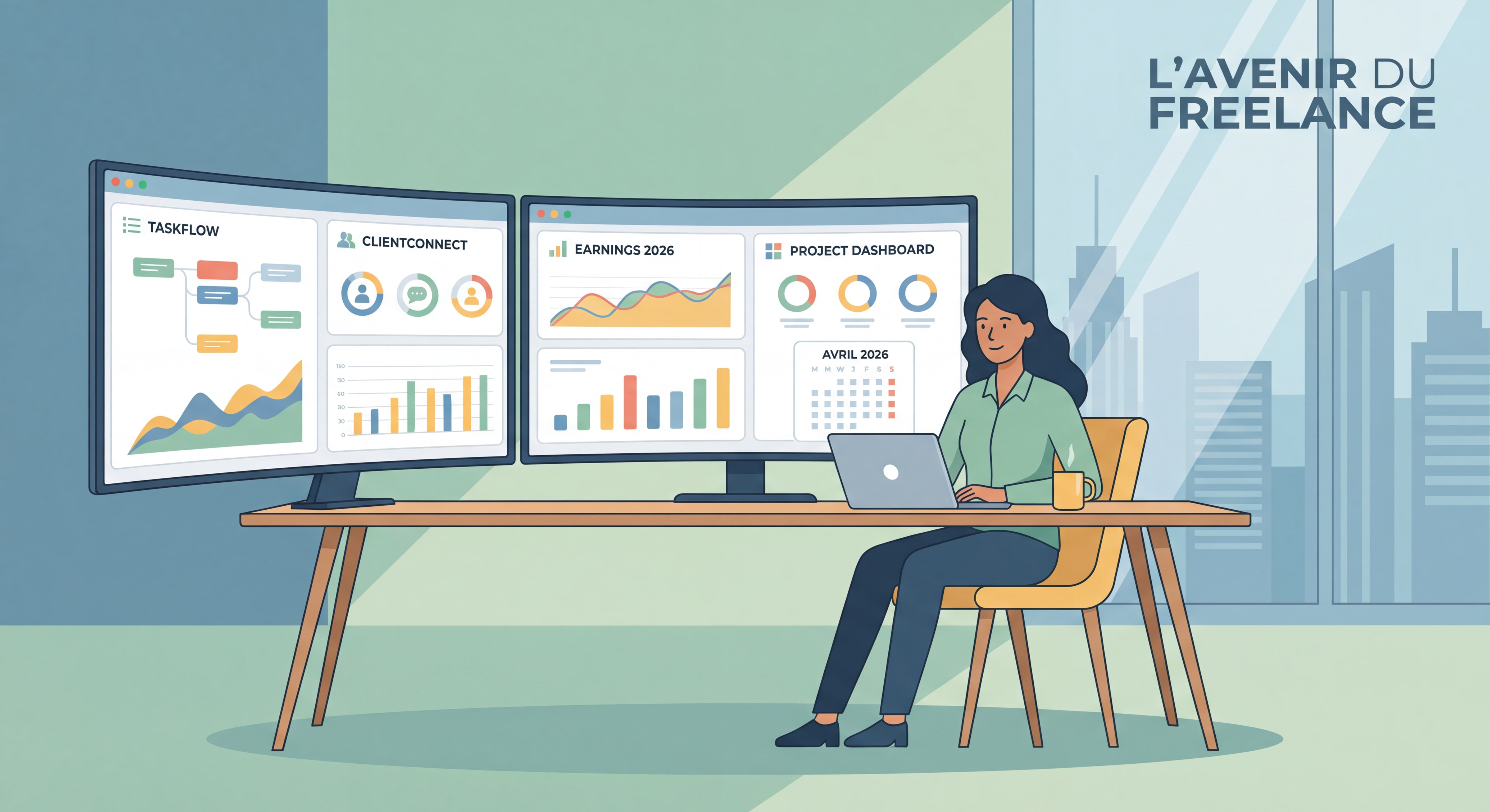 Indépendant confiant devant un setup de travail moderne avec plusieurs écrans affichant des dashboards de productivité et d'outils freelance 2026