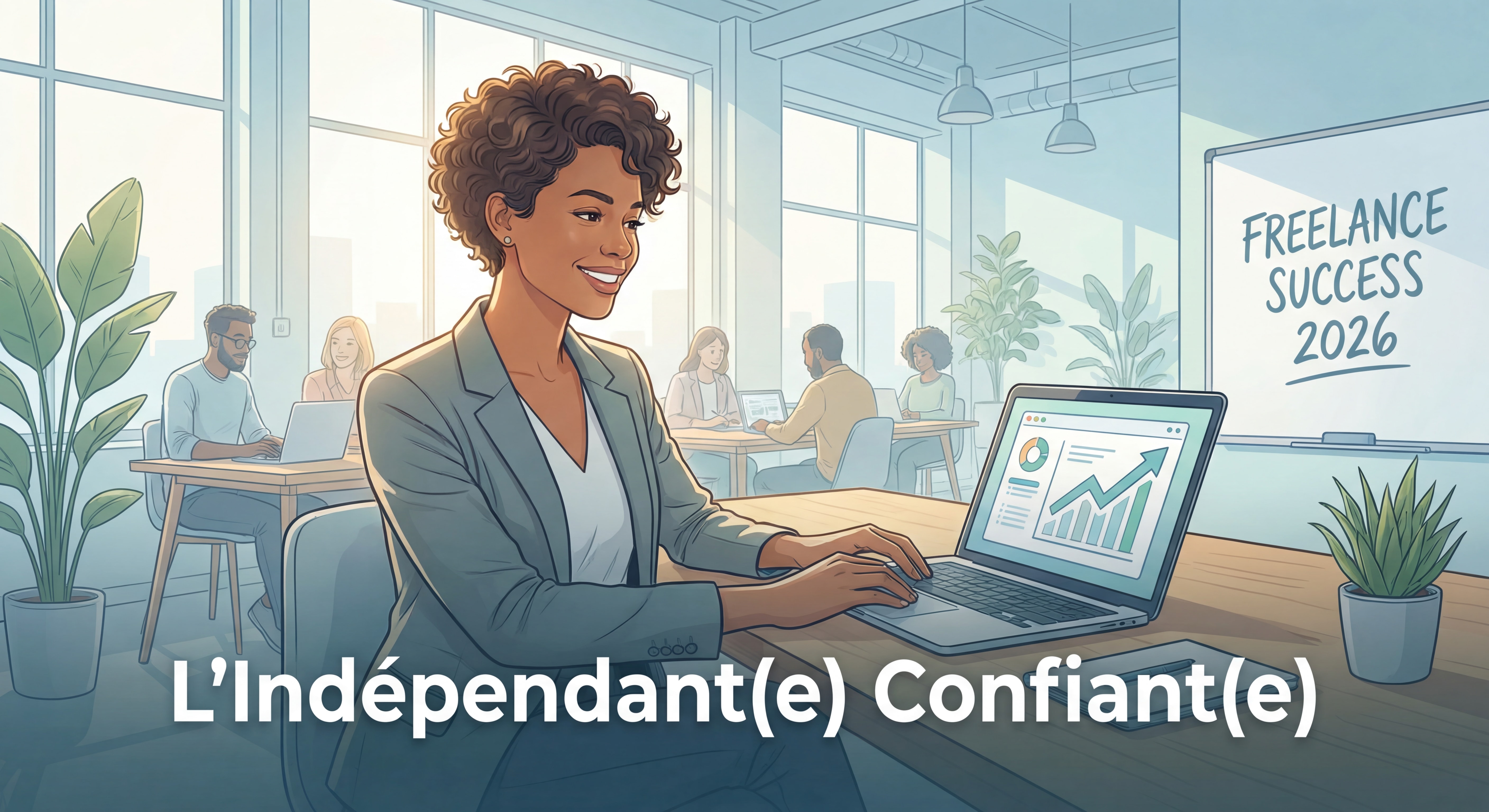 Indépendant(e) confiant(e) souriant devant son laptop dans un espace de travail moderne et lumineux, symbolisant la réussite freelance en 2026
