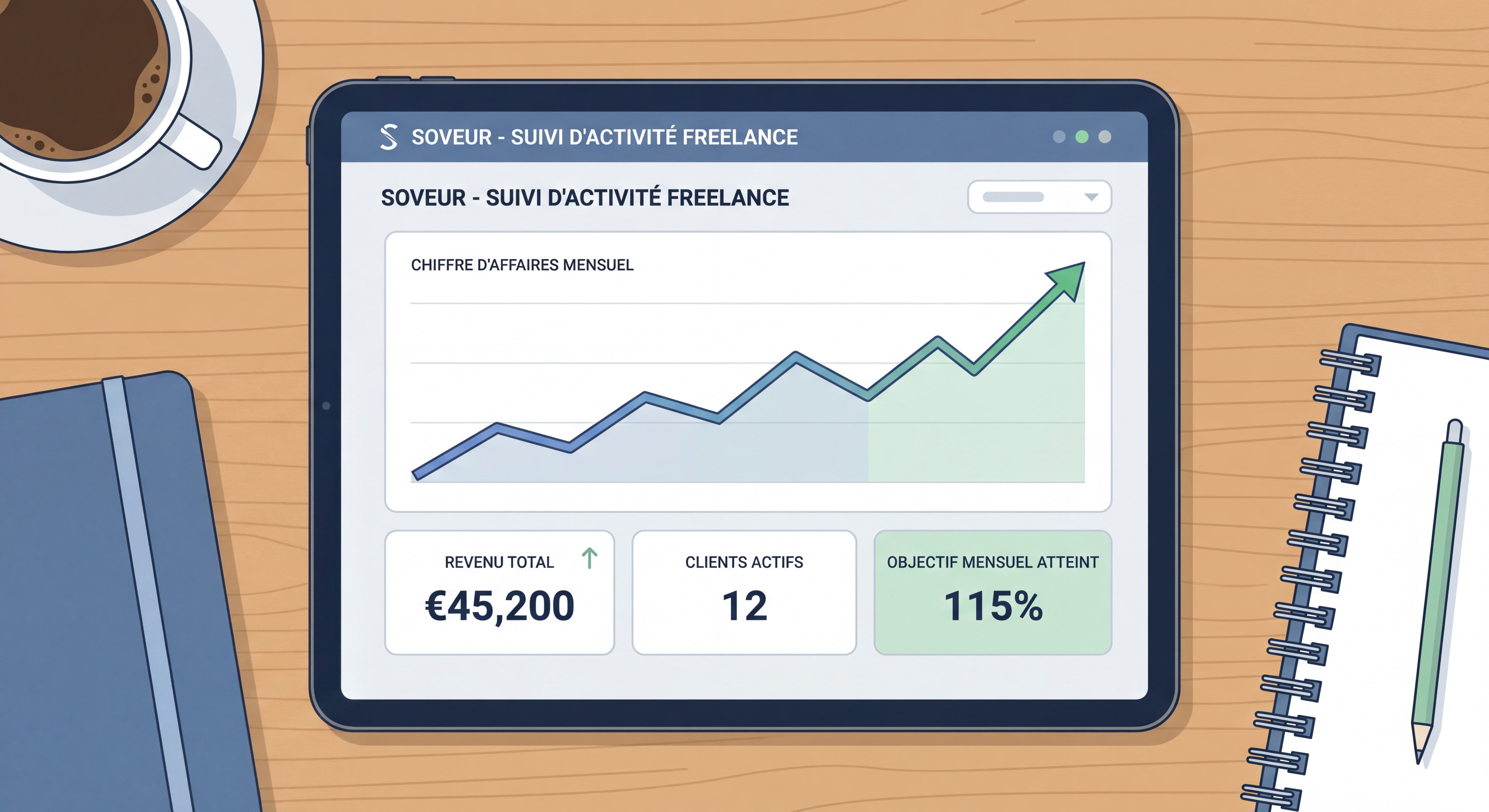 Dashboard épuré d'un outil de gestion freelance type Soveur montrant le suivi du chiffre d'affaires mensuel avec une courbe ascendante et des métriques inspirantes