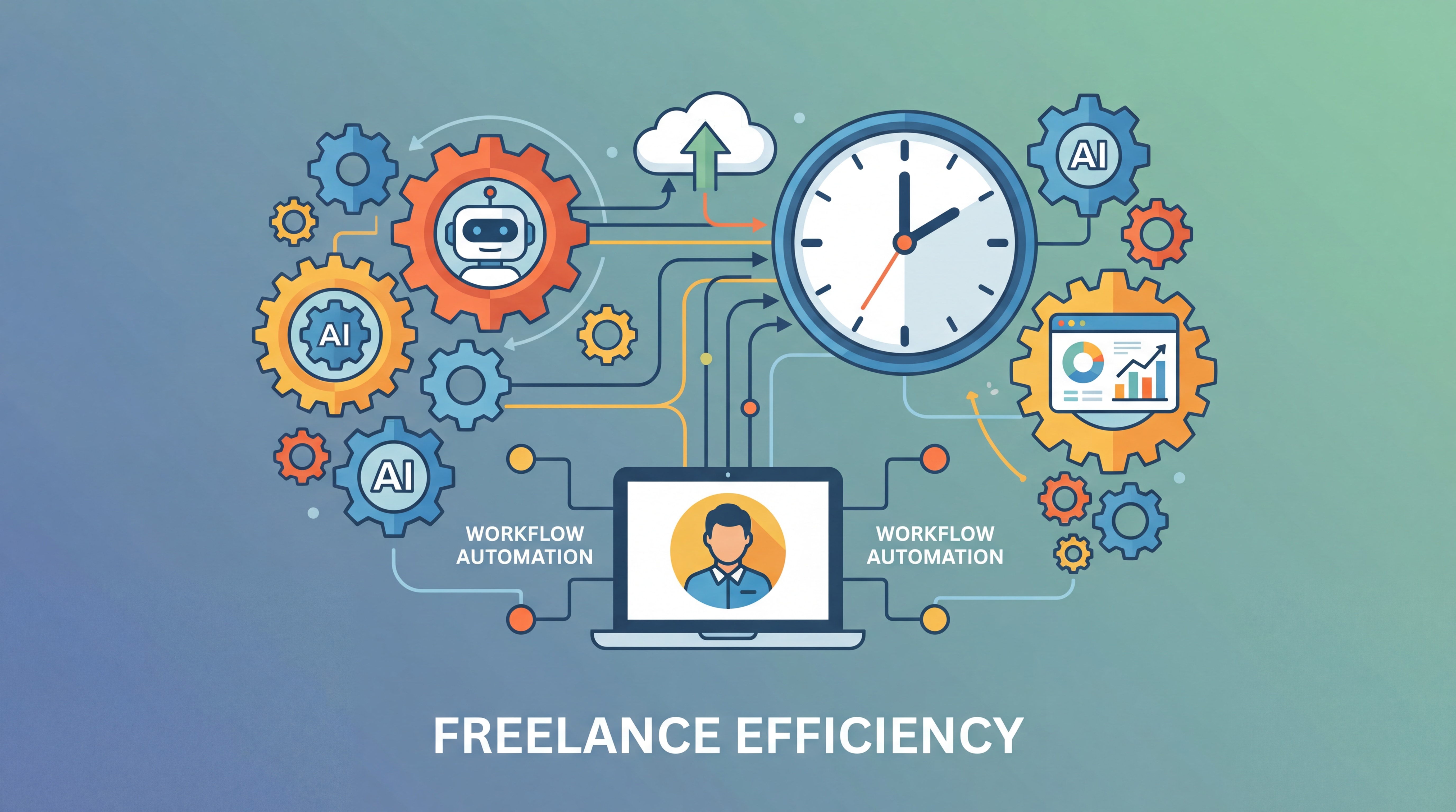 Illustration flat design moderne représentant des engrenages connectés, une horloge et des outils IA interconnectés symbolisant l'automatisation du workflow d'un freelance