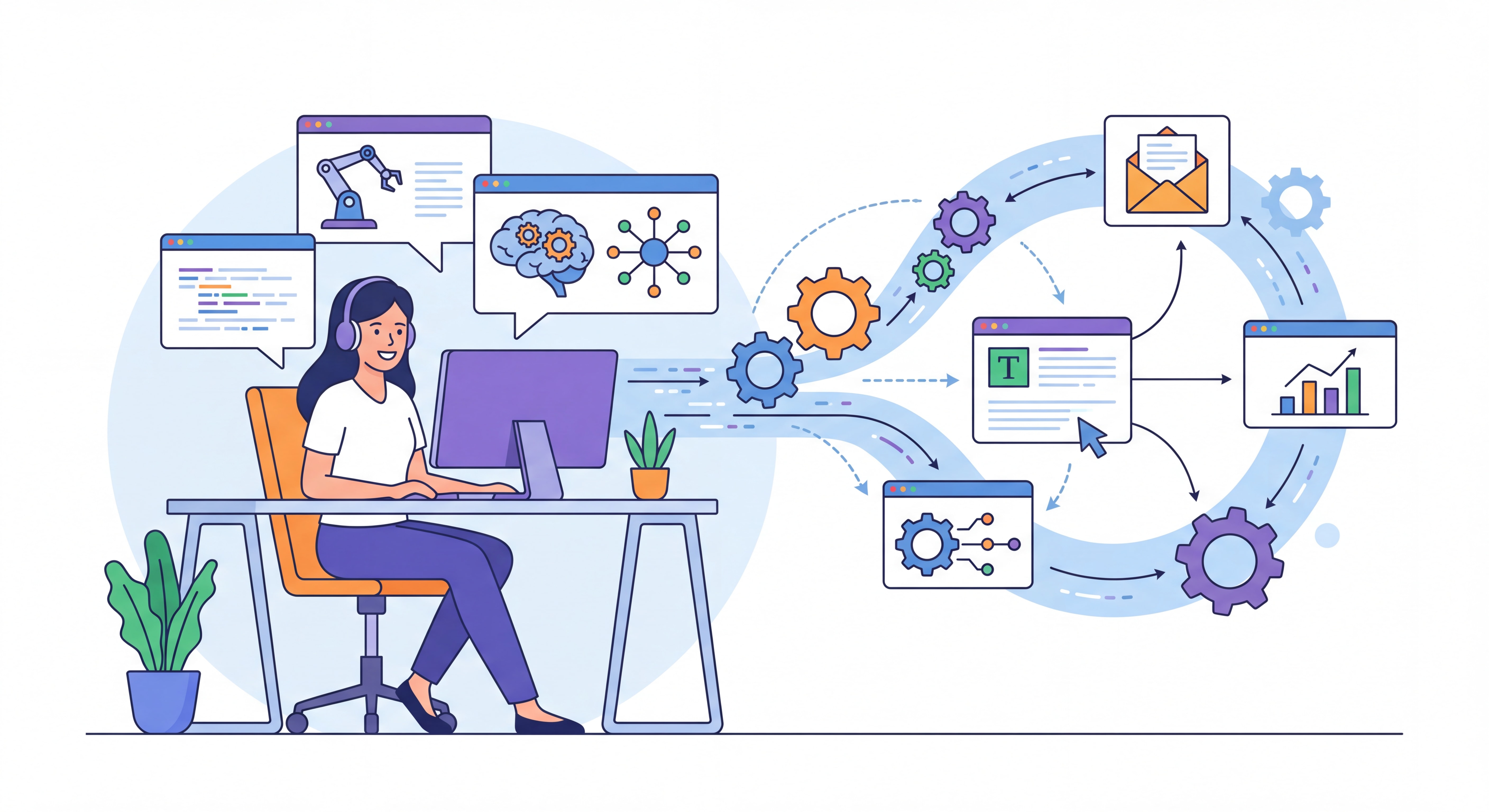 Illustration flat design d'un indépendant utilisant des outils IA et d'automatisation pour booster sa productivité, engrenages et connexions numériques