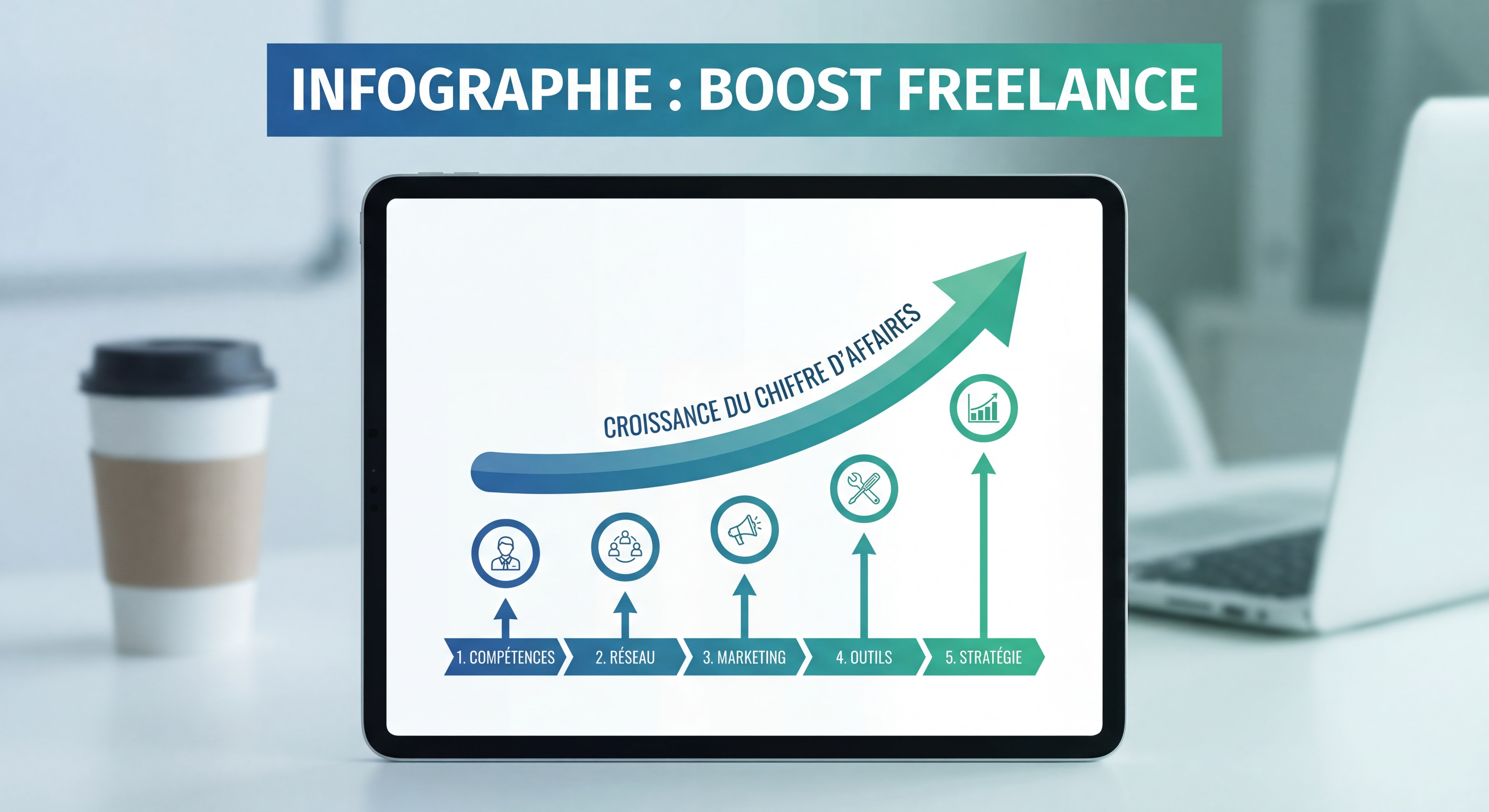 Infographie montrant une courbe d'évolution ascendante du chiffre d'affaires freelance avec les 5 leviers appliqués, design moderne data visualization