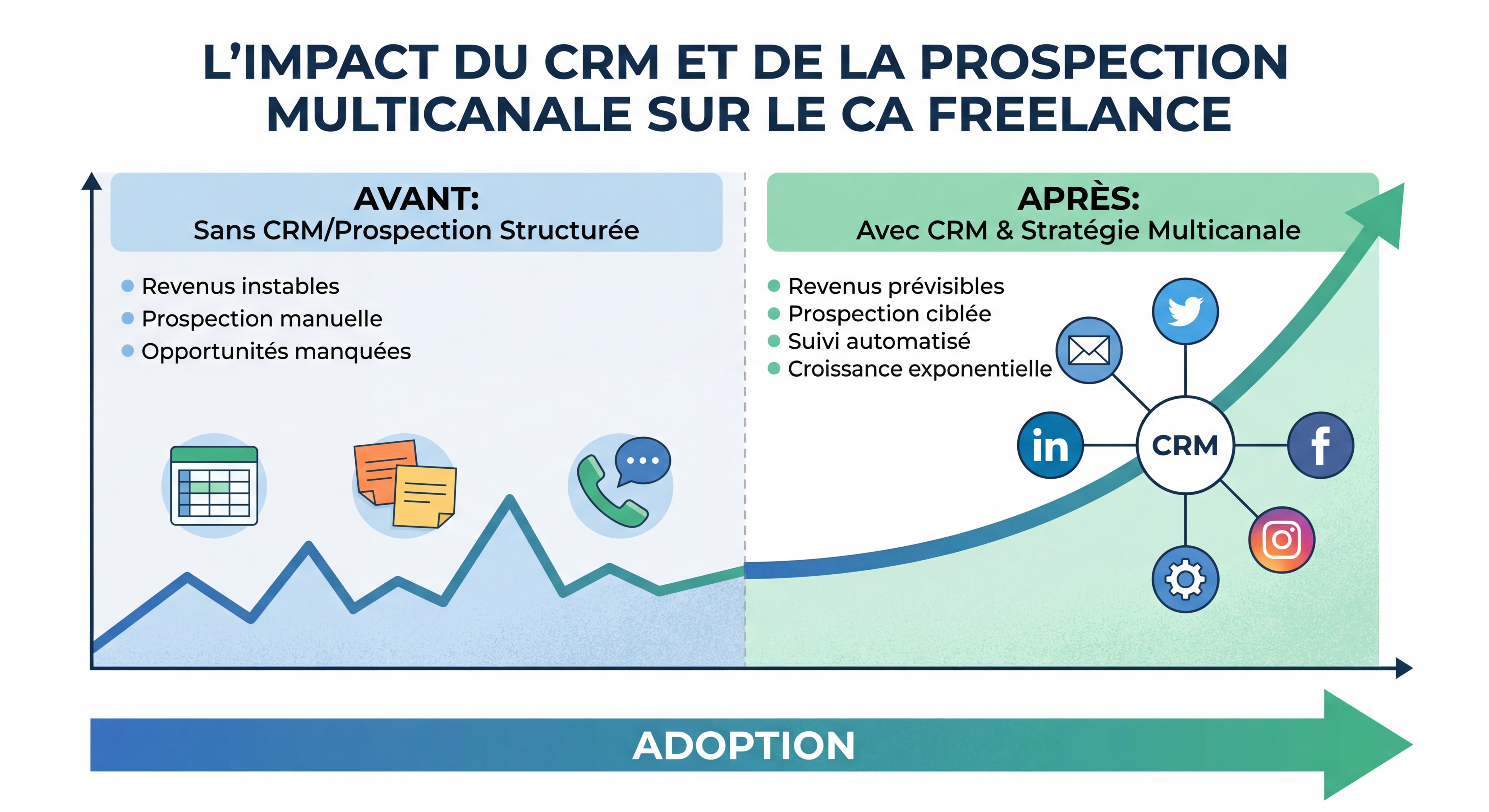 Infographie montrant l'évolution du chiffre d'affaires d'un freelance avant et après l'adoption d'un CRM et d'une stratégie de prospection multicanale structurée