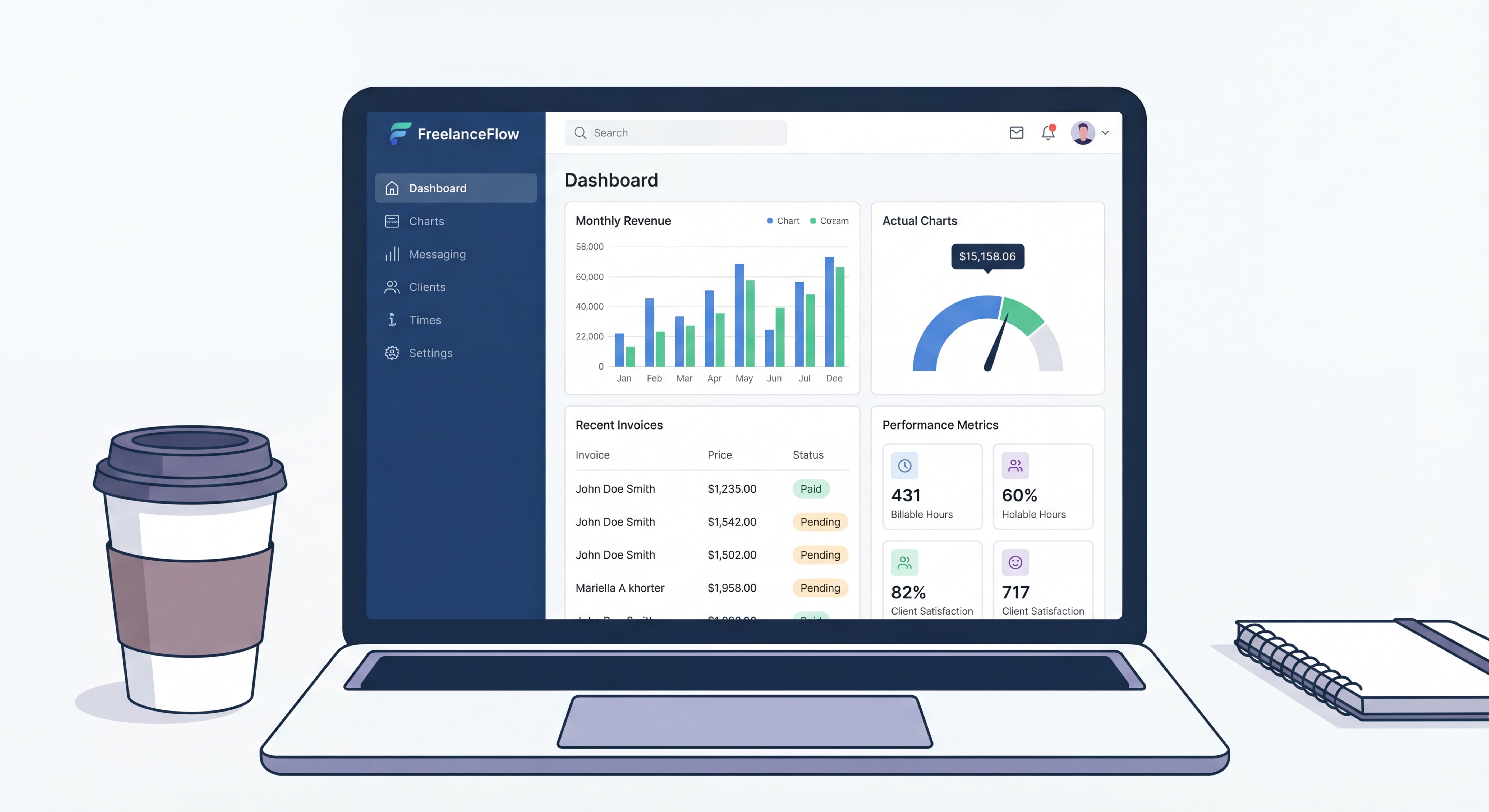 Mockup d'un dashboard de gestion freelance moderne montrant le suivi du chiffre d'affaires, les factures et les indicateurs de performance