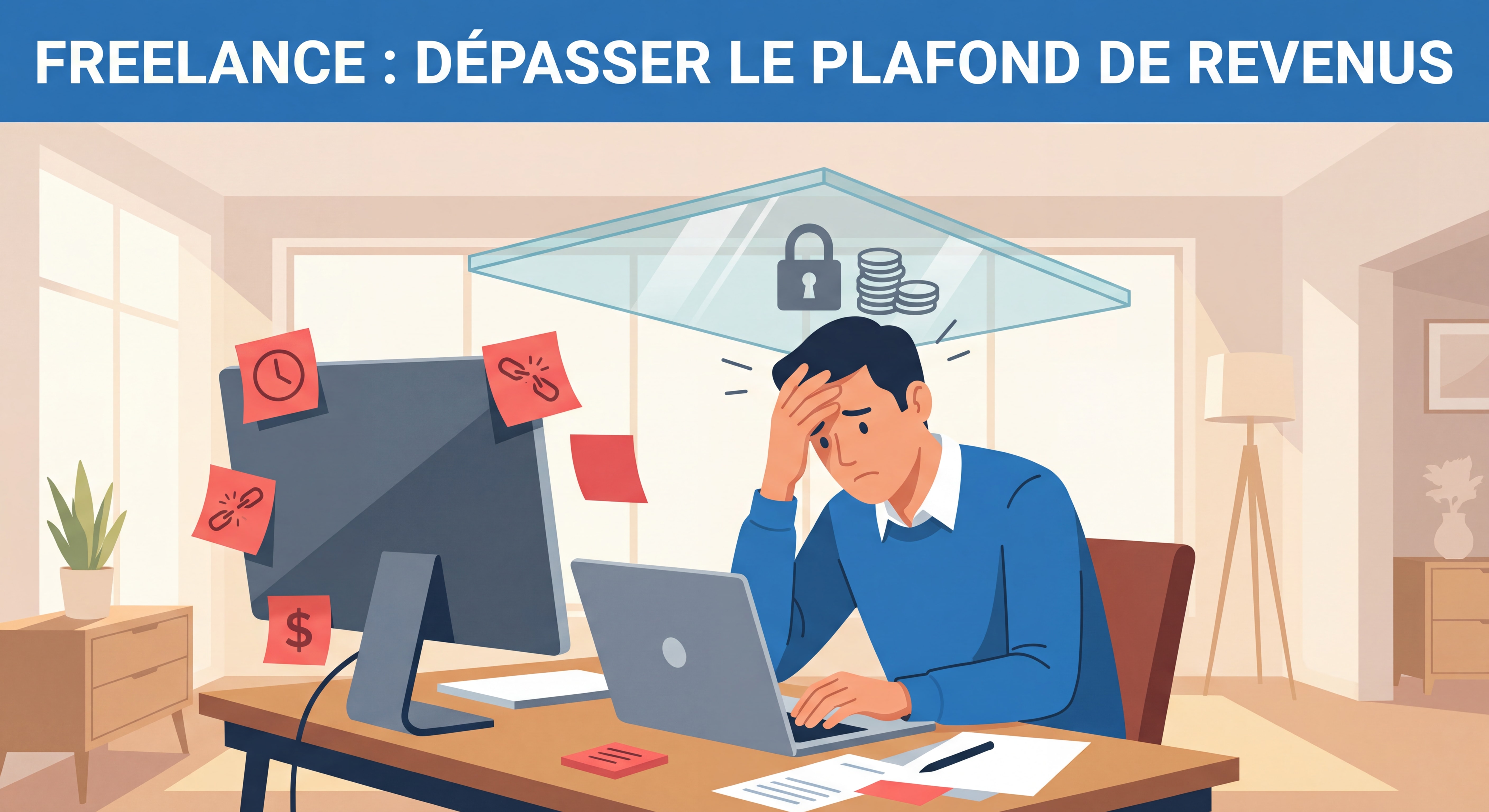 Freelance frustré devant son ordinateur dans un espace de travail moderne, symbolisant le plafond de revenus et les erreurs courantes des indépendants