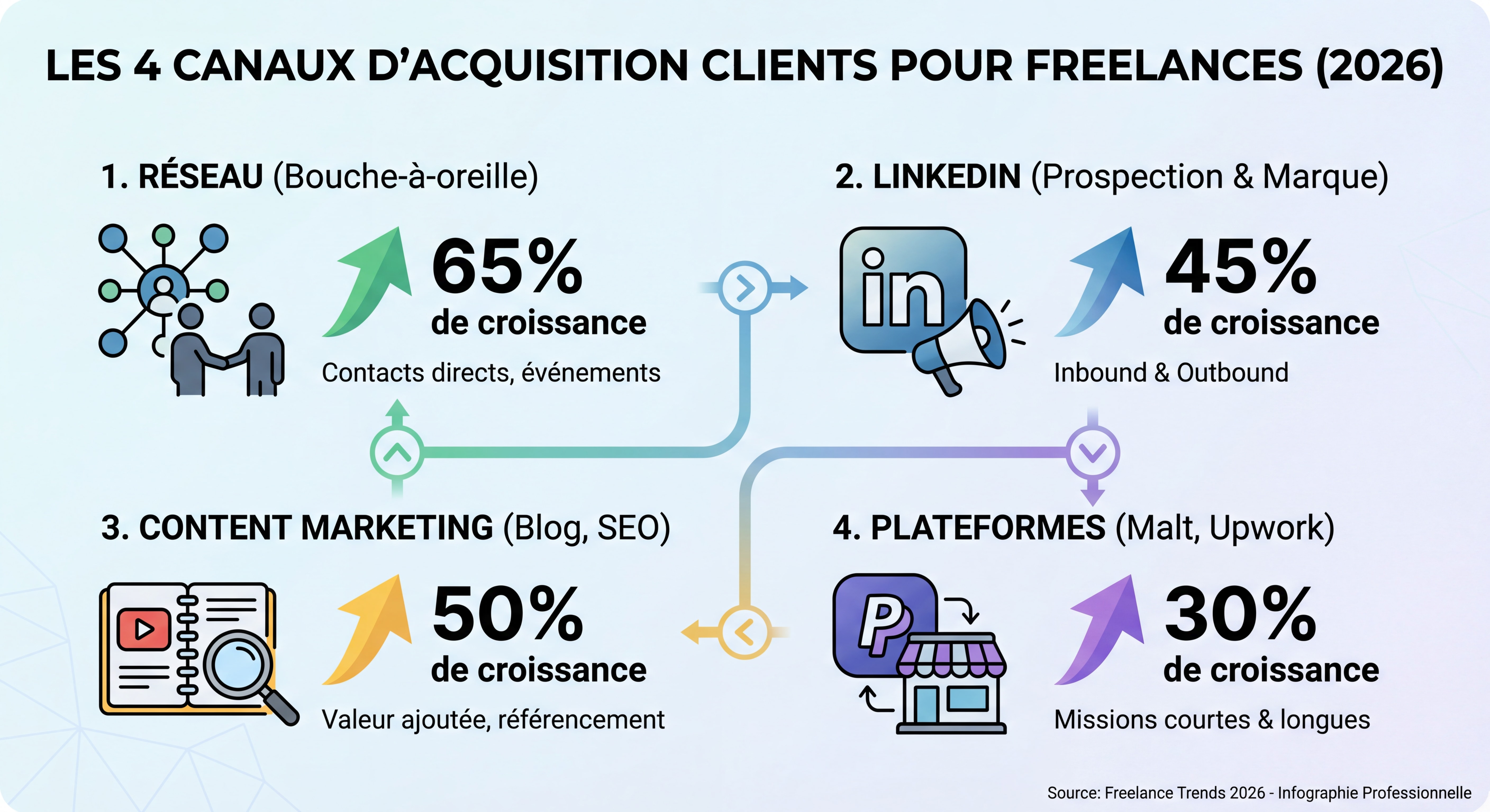 Infographie illustrant les 4 canaux d'acquisition clients pour freelances en 2026 : réseau, LinkedIn, content marketing, plateformes, avec des pourcentages et flèches de croissance