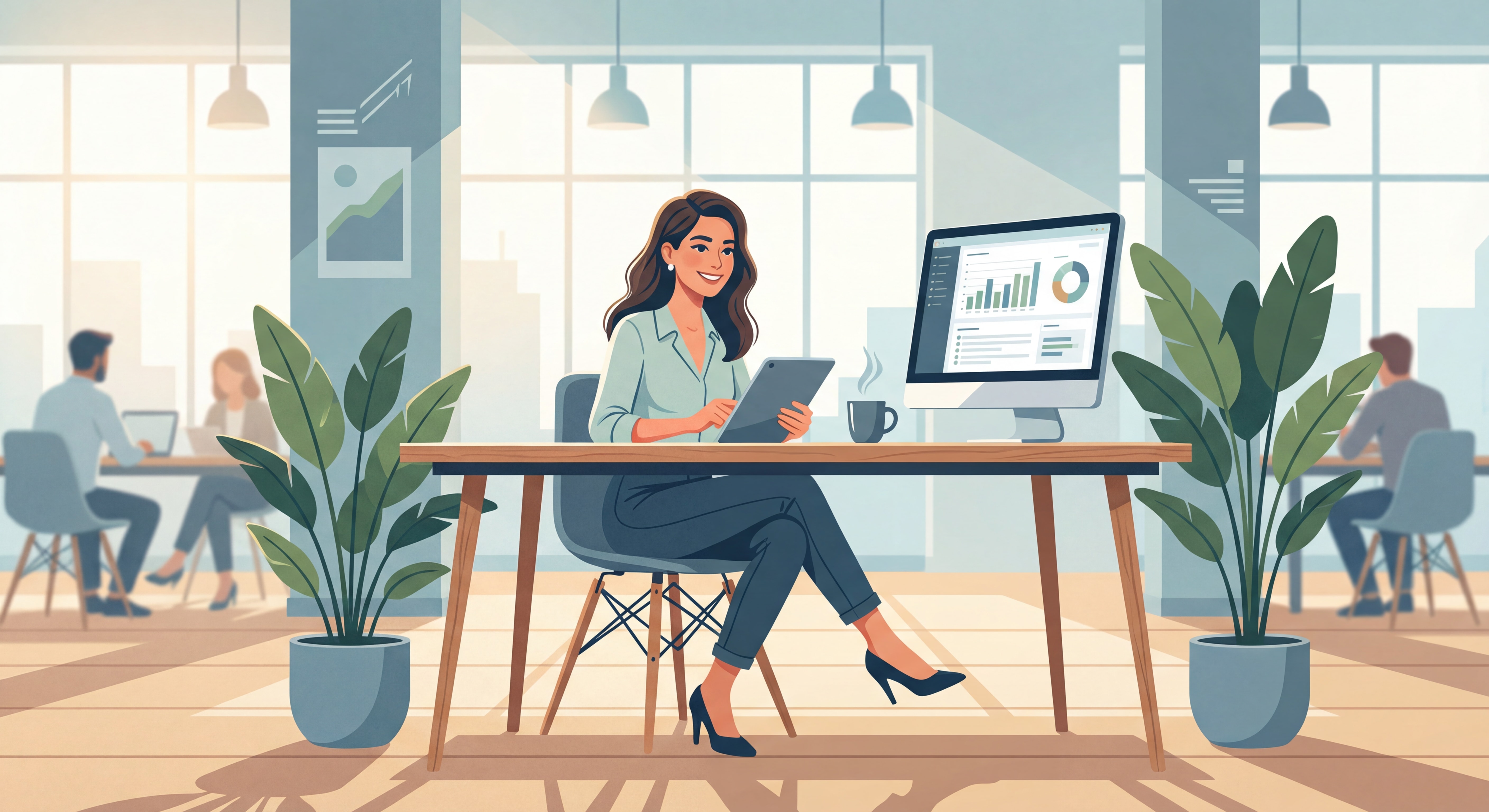 Freelance confiant(e) devant un écran d'ordinateur dans un espace de travail moderne et lumineux, posture assurée, sourire, bureau épuré avec plantes