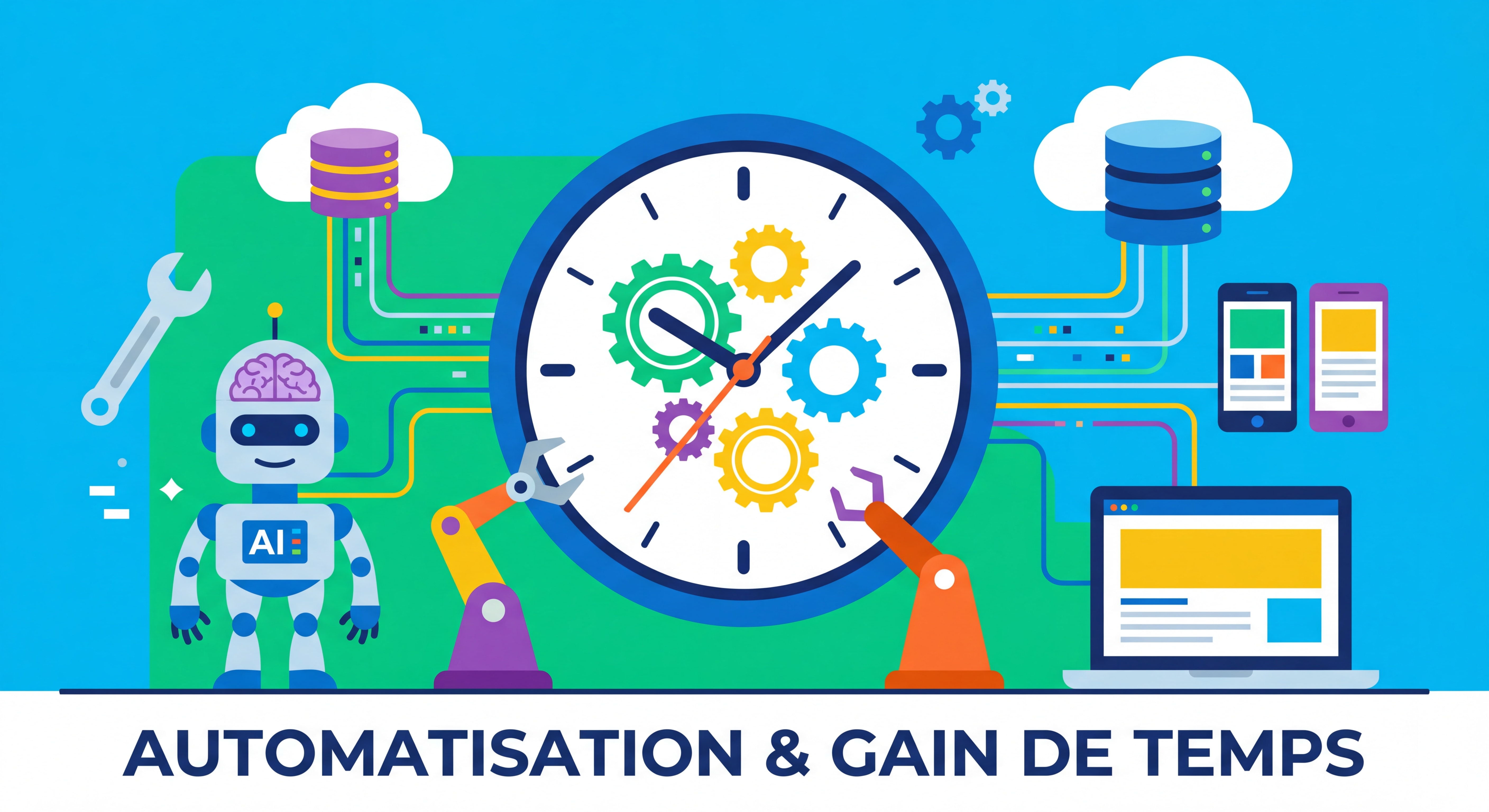 Illustration flat design moderne représentant l'automatisation et le gain de temps : engrenages, horloge, outils connectés, IA, style épuré avec couleurs vives professionnelles