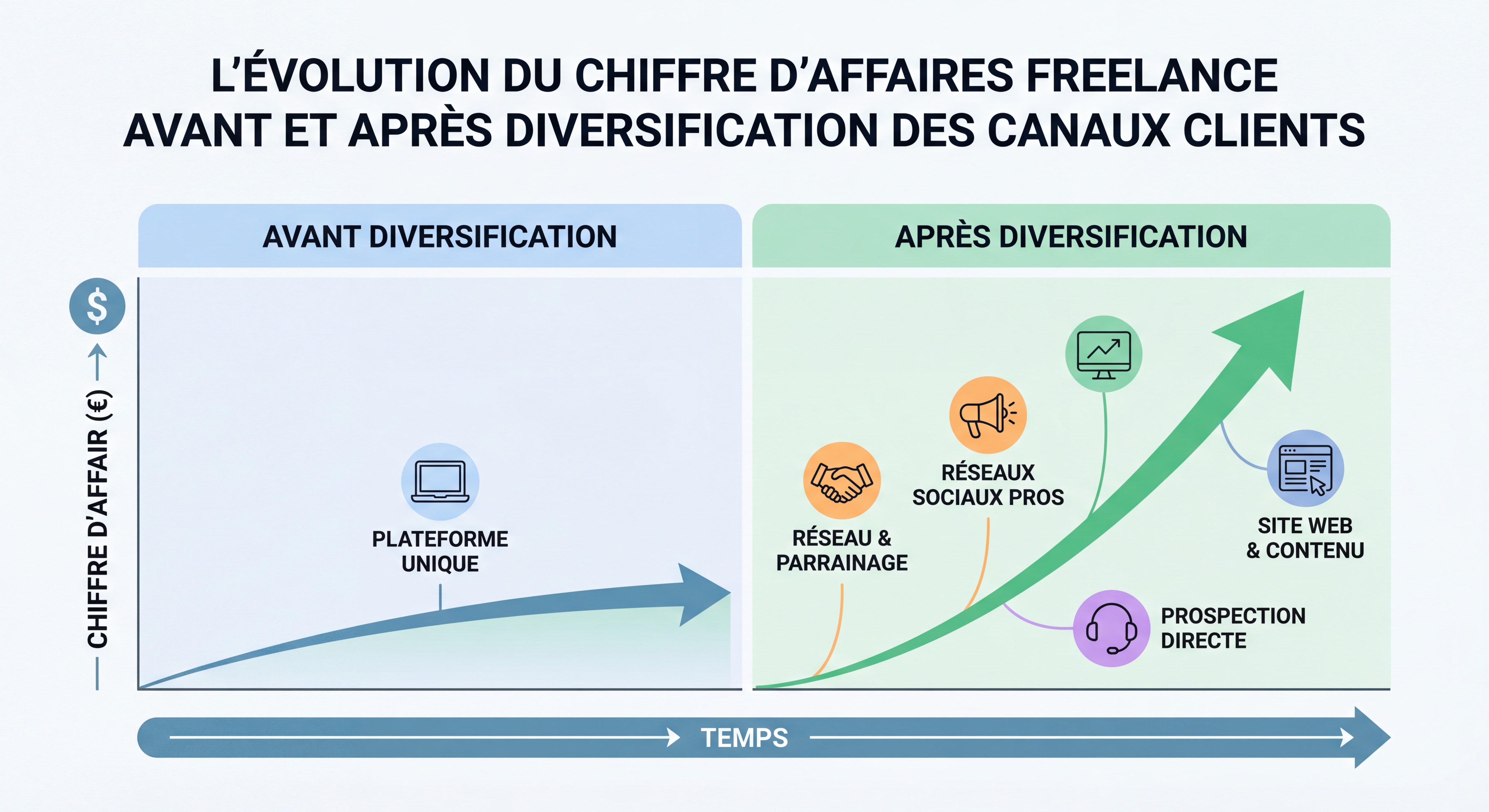 Infographie montrant l'évolution du chiffre d'affaires freelance avant et après diversification des canaux clients — courbe ascendante avec les 4 canaux d'acquisition représentés visuellement