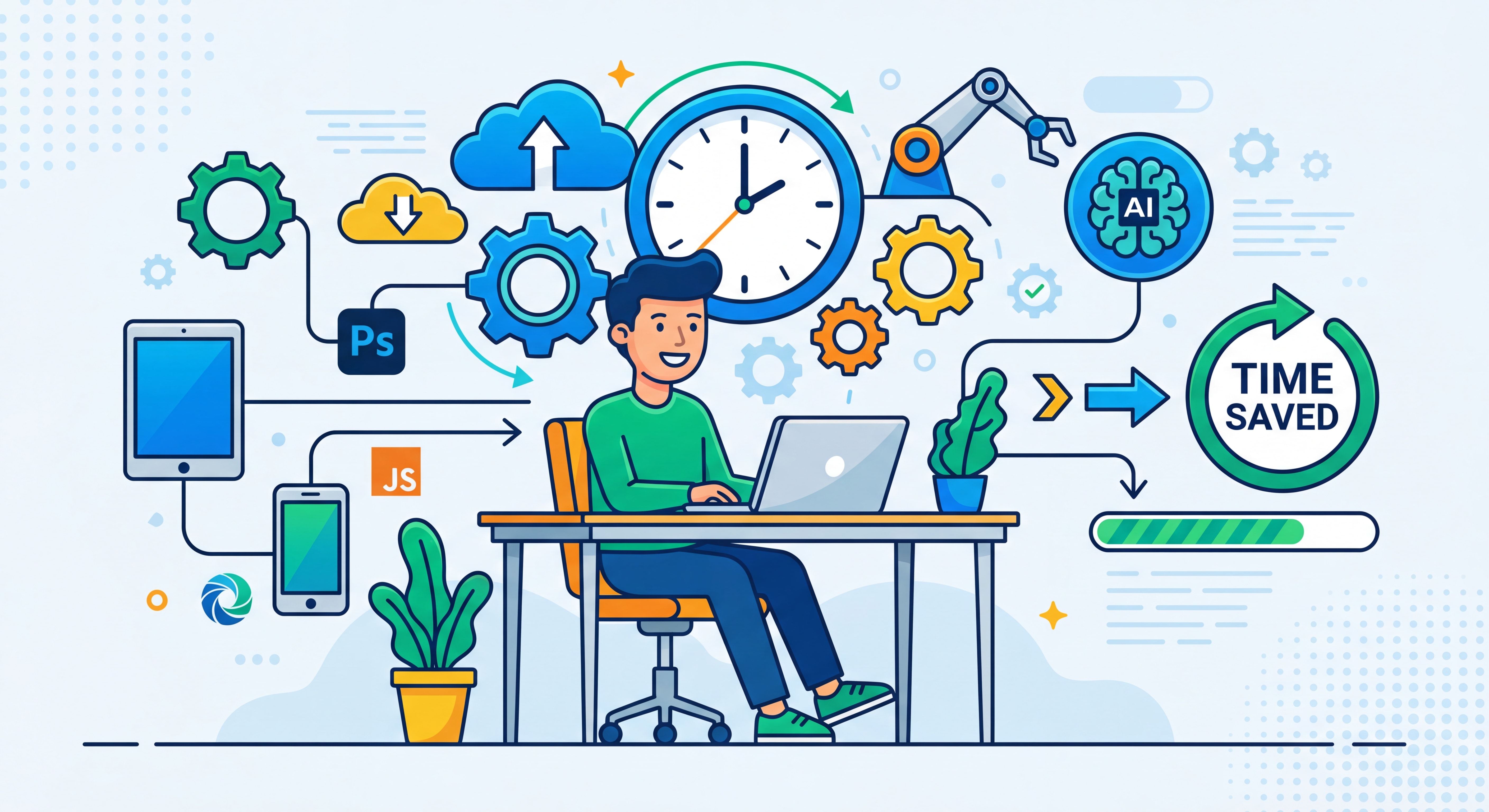 Illustration flat design moderne représentant l'automation freelance — engrenages, horloge, outils connectés, intelligence artificielle, couleurs vives et épurées symbolisant le gain de temps