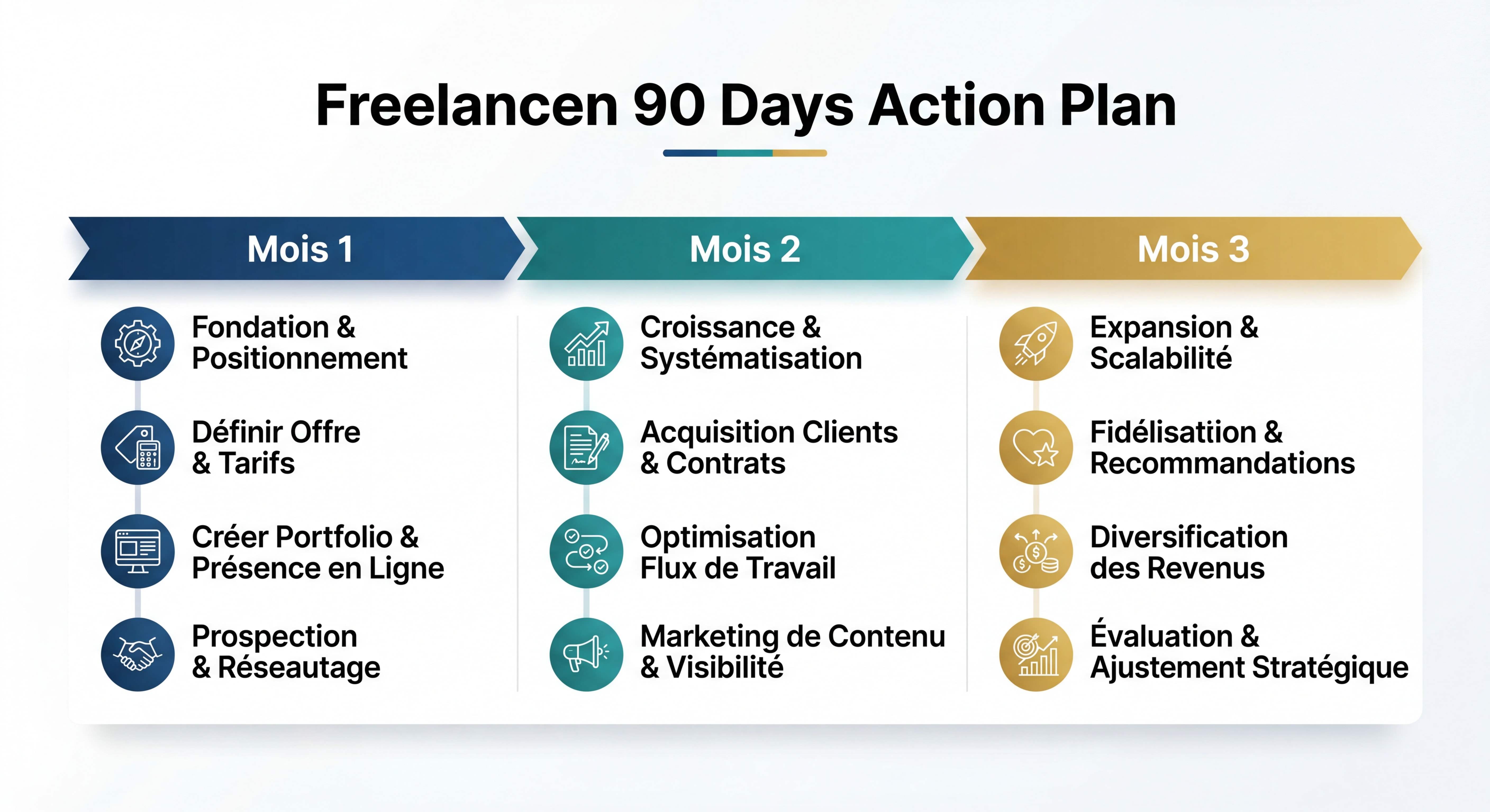 Infographie roadmap plan d'action 90 jours pour freelance avec timeline visuelle, 3 mois avec étapes clés et icônes, style moderne et épuré, couleurs professionnelles