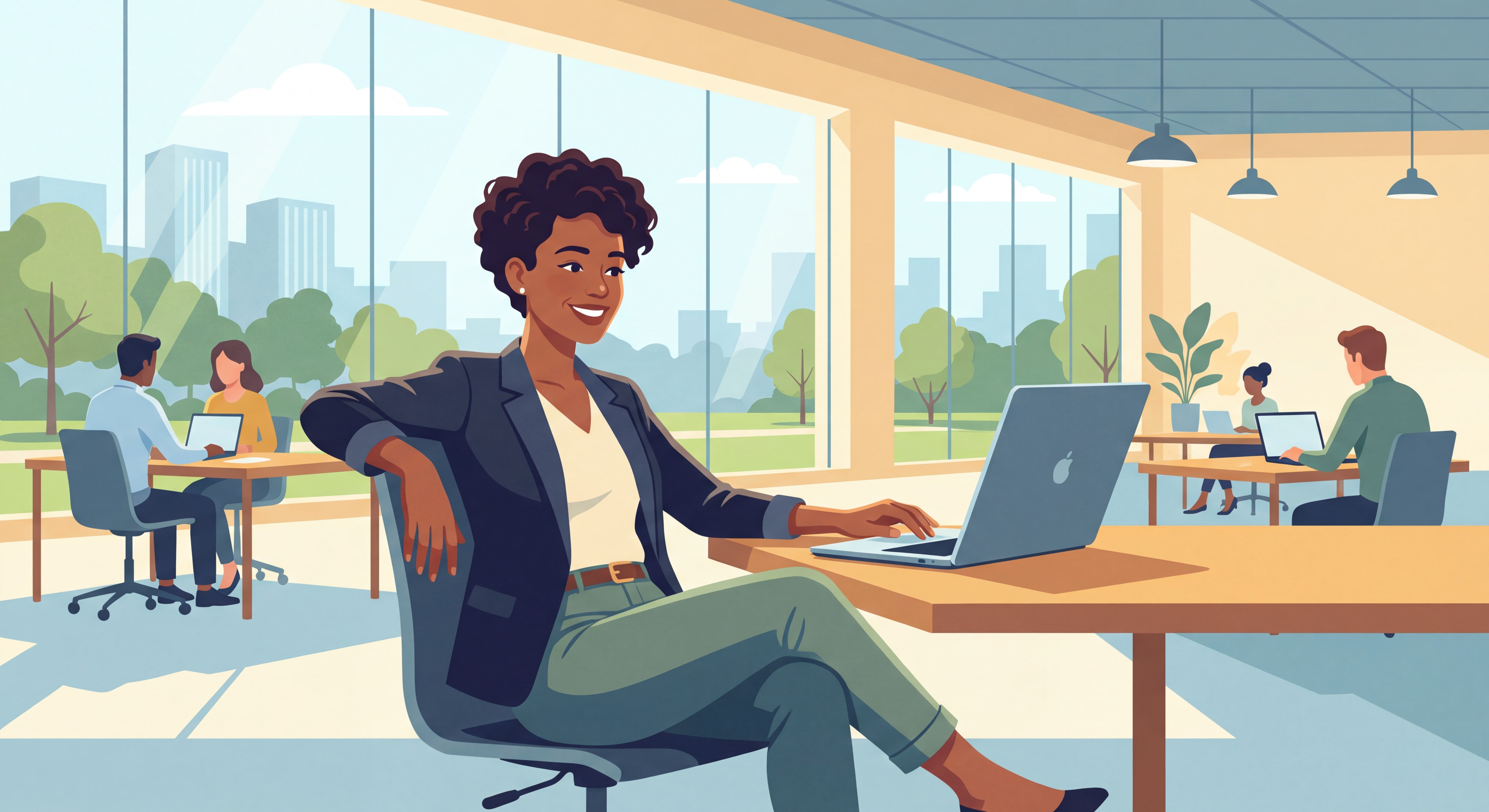 Indépendant(e) confiant(e) souriant(e) devant un laptop dans un espace de coworking moderne, lumière naturelle, posture inspirante symbolisant la réussite freelance