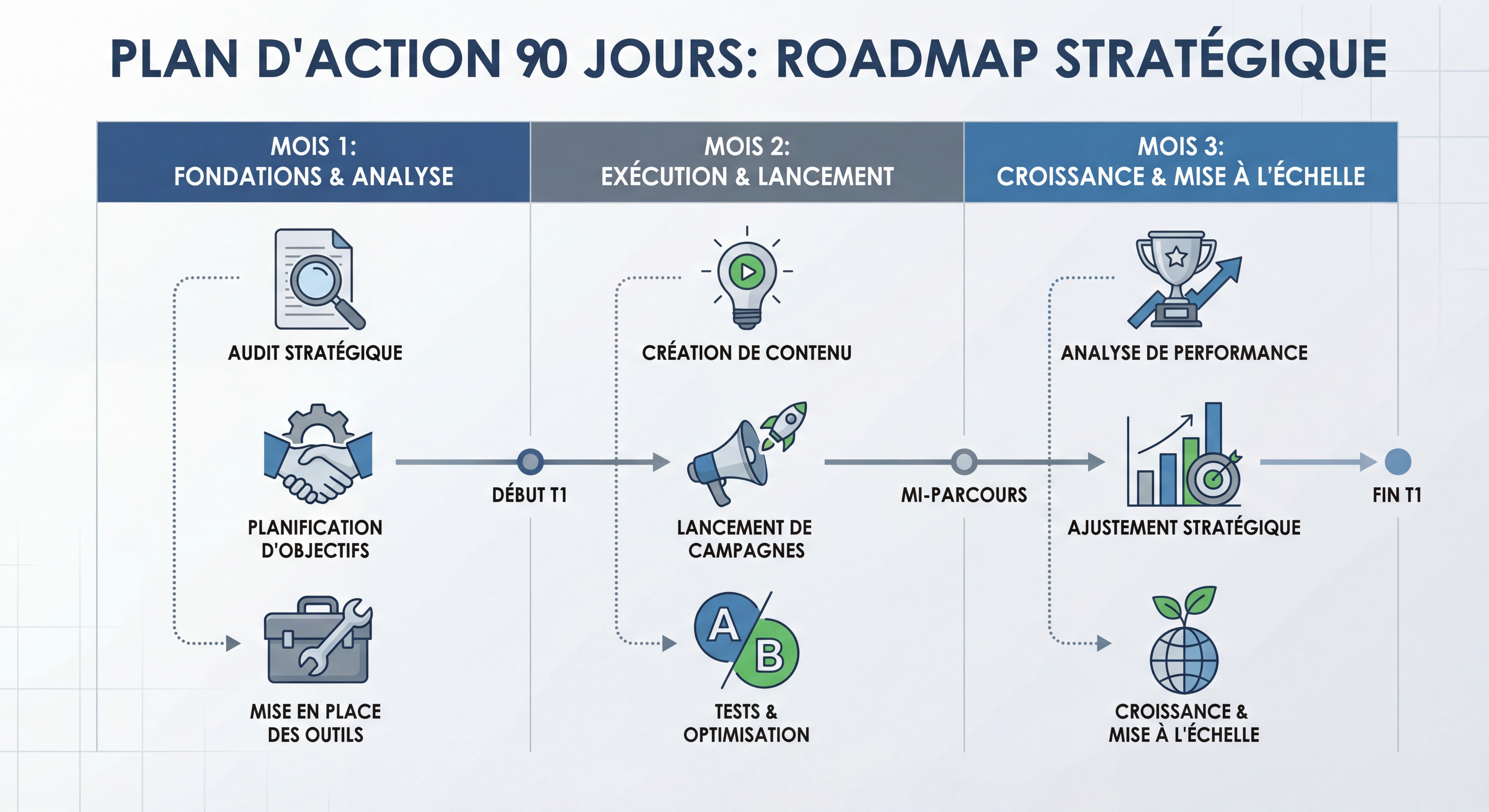 Infographie roadmap / timeline visuelle du plan d'action 90 jours — 3 colonnes (Mois 1, 2, 3) avec les étapes clés illustrées, style moderne et épuré, couleurs professionnelles