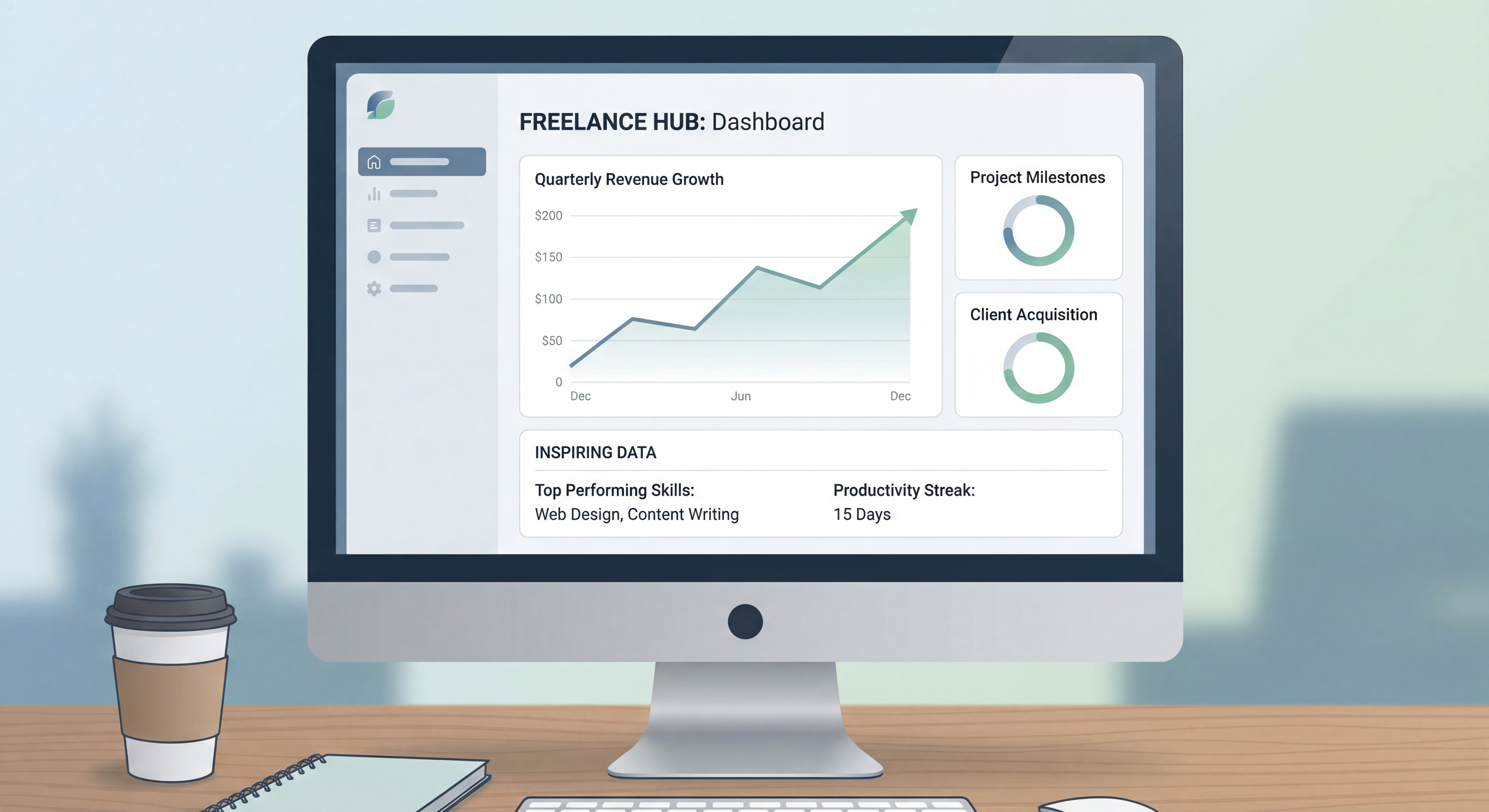 Dashboard moderne d'outil de gestion freelance montrant suivi du chiffre d'affaires, interface épurée avec graphiques de progression, données inspirantes, style clean et professionnel