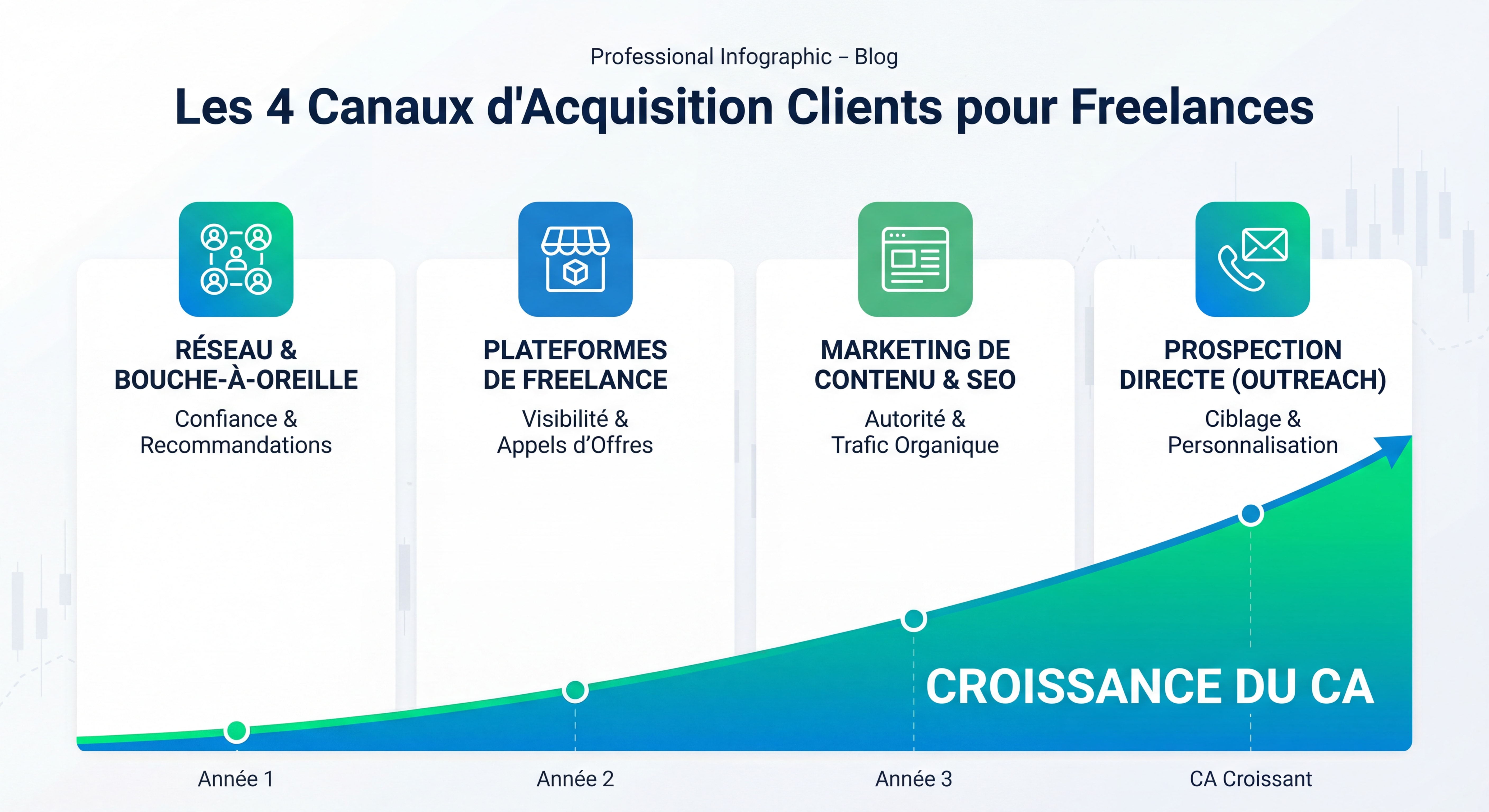 Infographie moderne montrant les 4 canaux d'acquisition clients pour freelances avec courbe de croissance du CA, style data visualization épuré, couleurs professionnelles bleu et vert