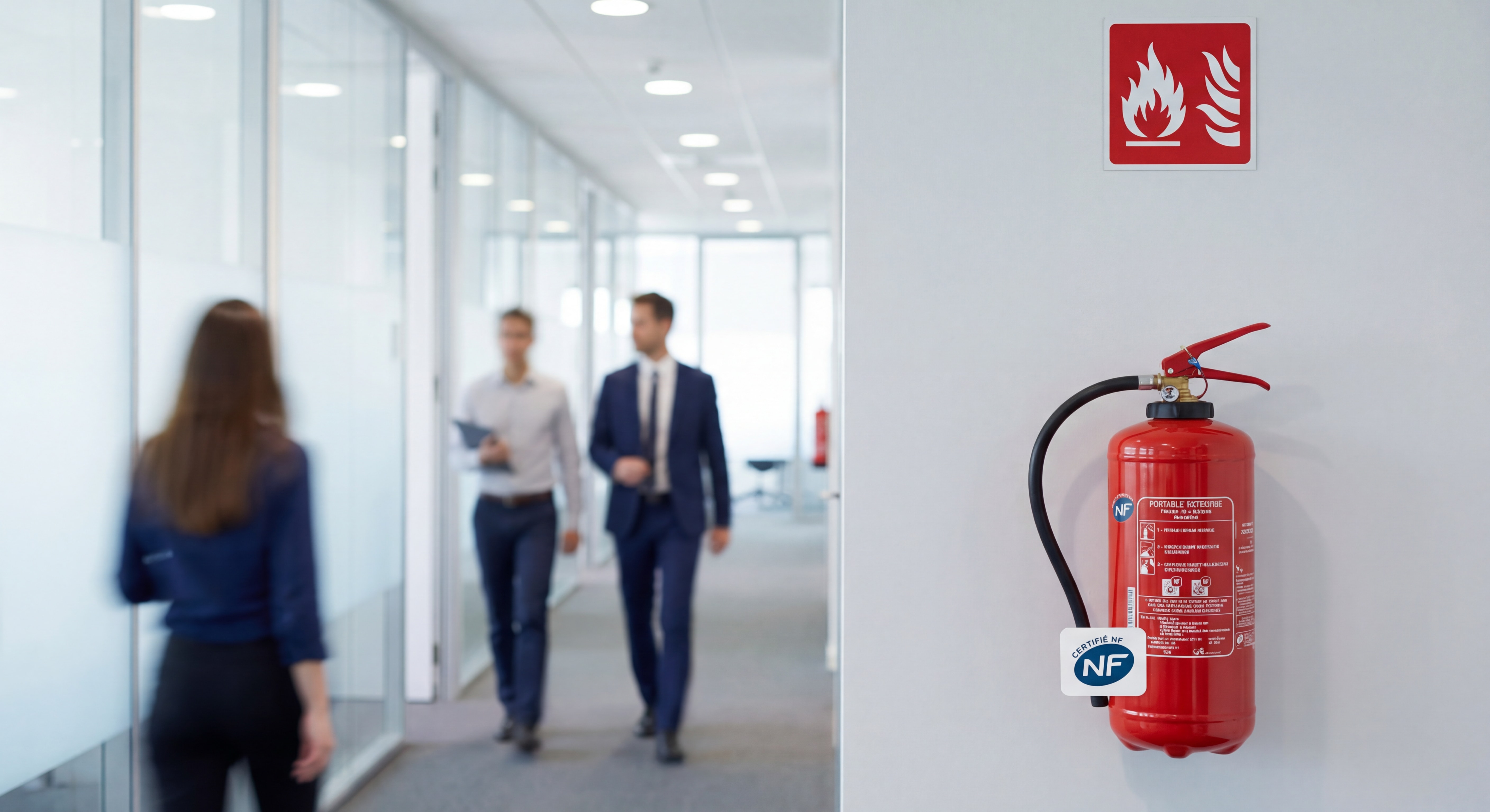 Extincteur portatif certifié NF en situation réelle dans un couloir d'entreprise, avec pictogramme incendie visible au mur