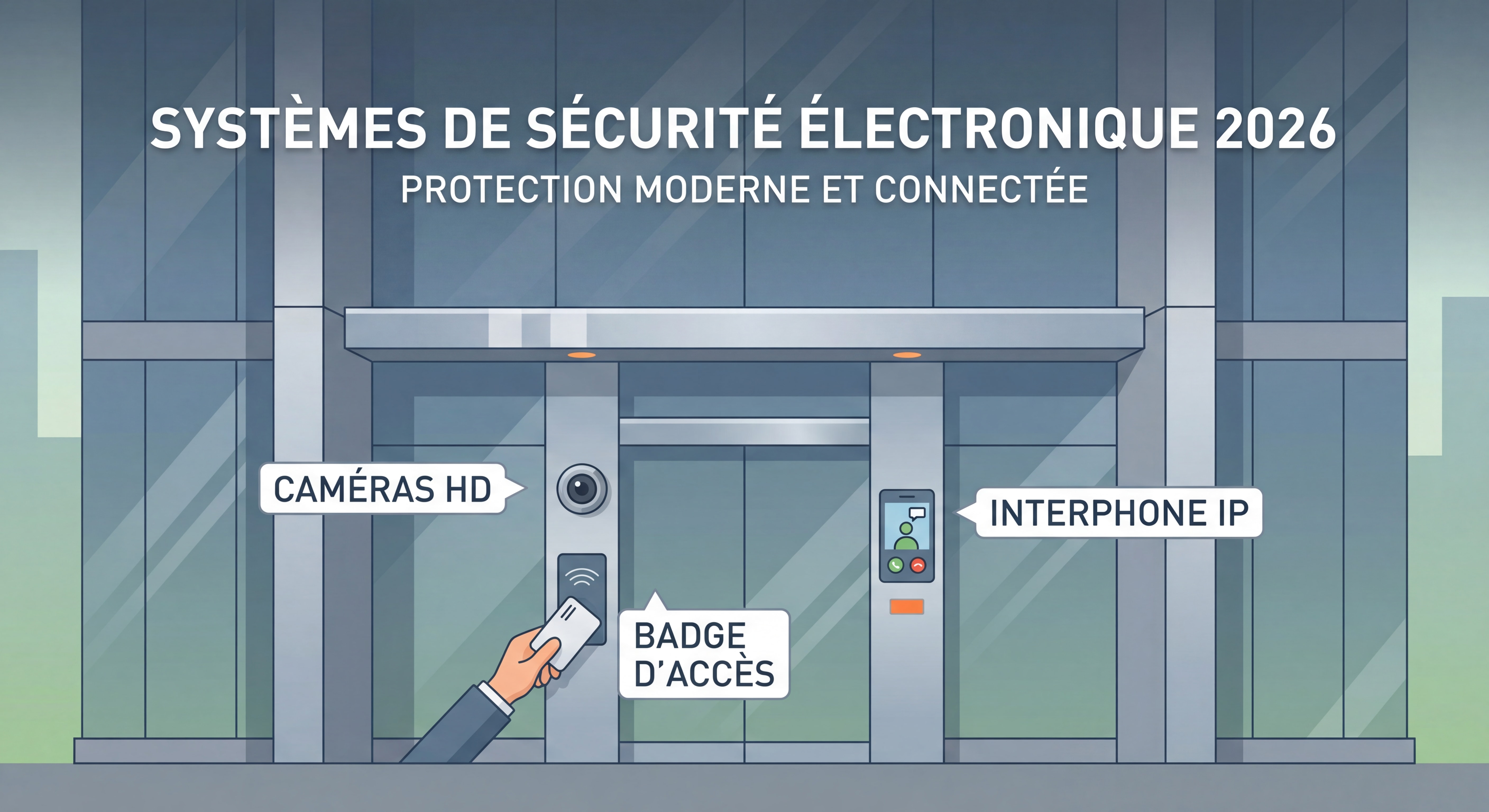 Bâtiment professionnel moderne sécurisé avec caméras HD, badge d'accès et interphone IP en façade — système de sécurité électronique 2026