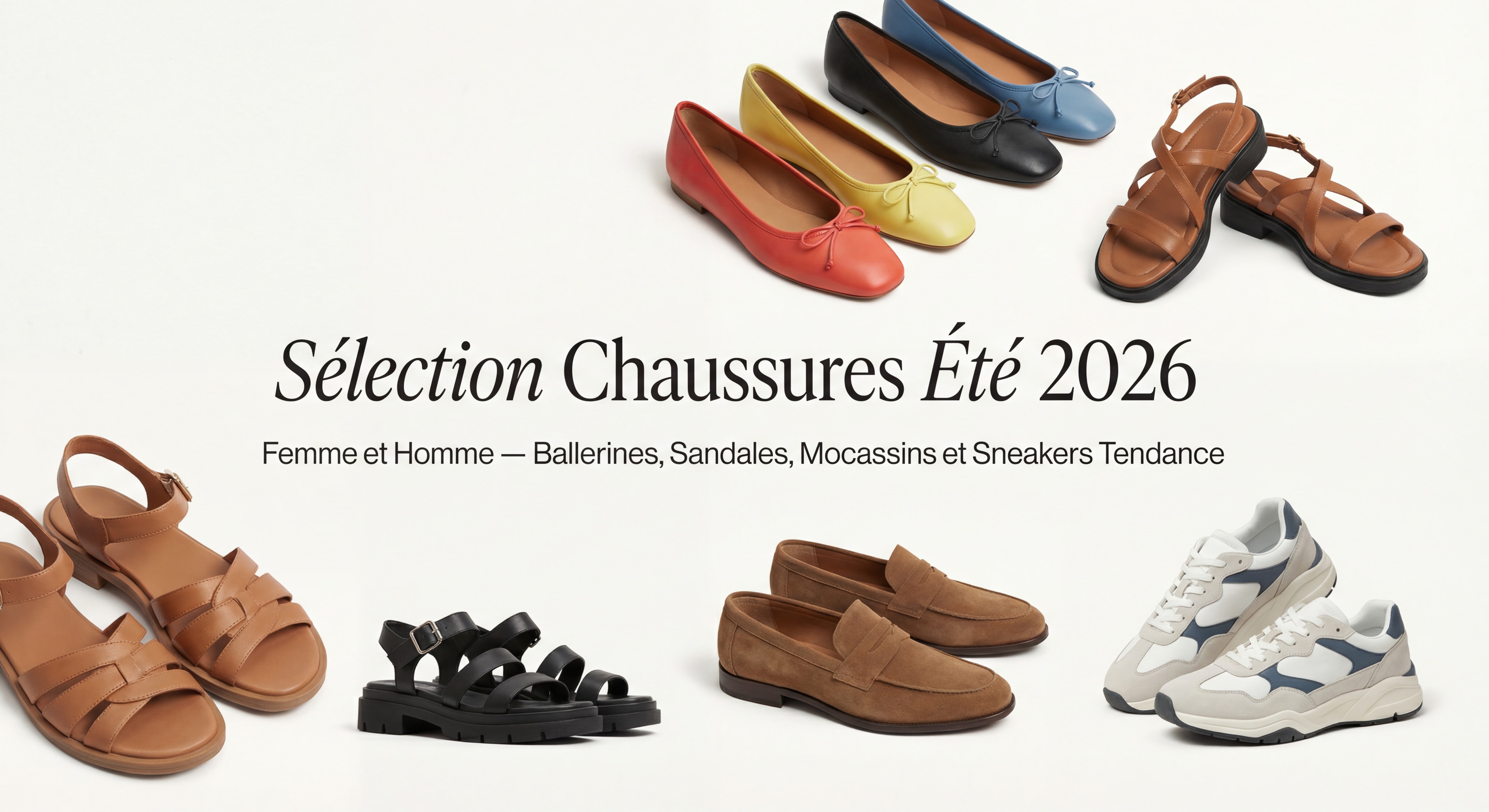 Sélection chaussures été 2026 femme et homme — ballerines, sandales, mocassins et sneakers tendance sur fond clair