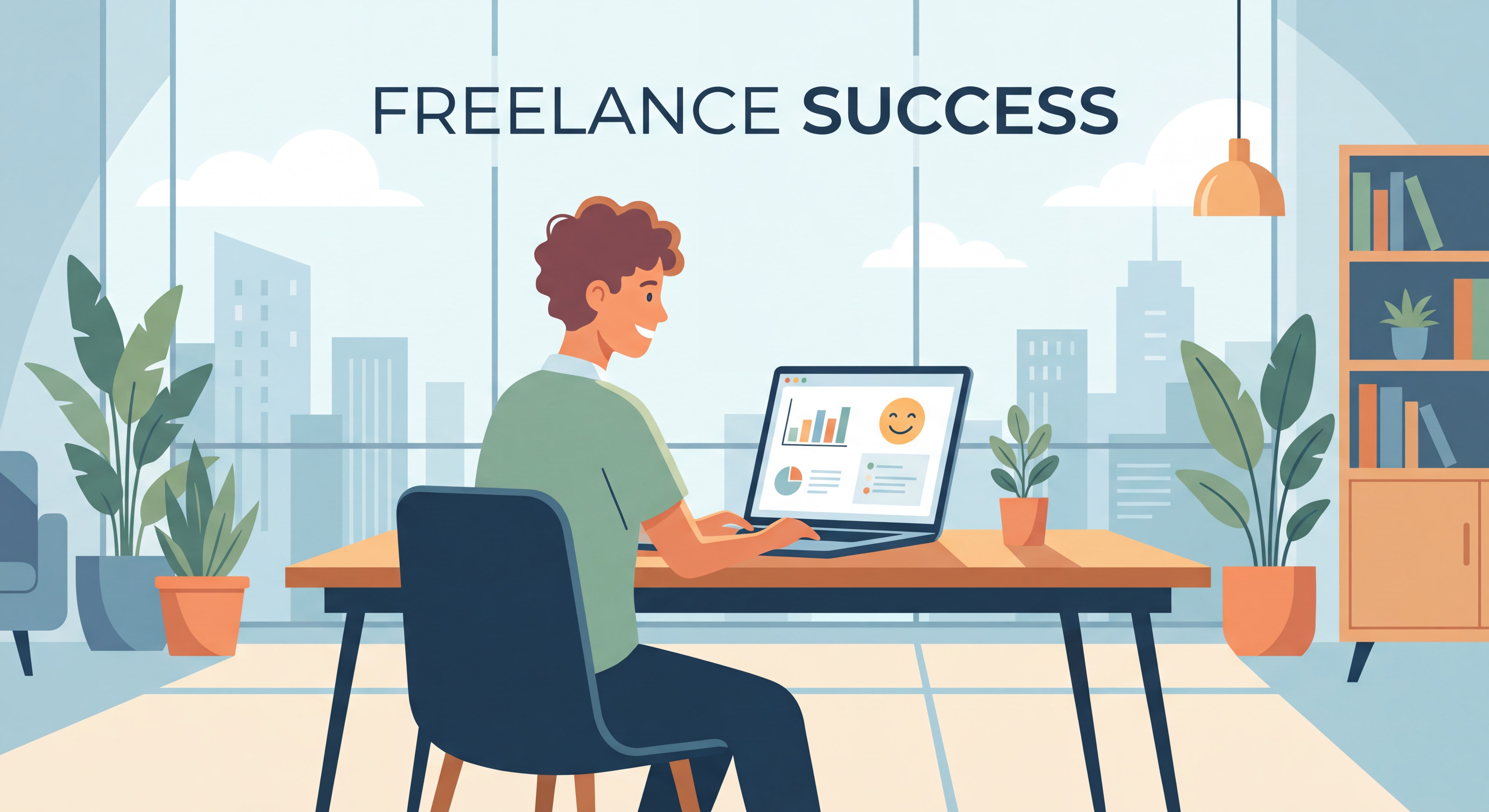 Indépendant(e) confiant(e) souriant devant un laptop dans un espace de travail moderne et lumineux, symbolisant la réussite en freelance