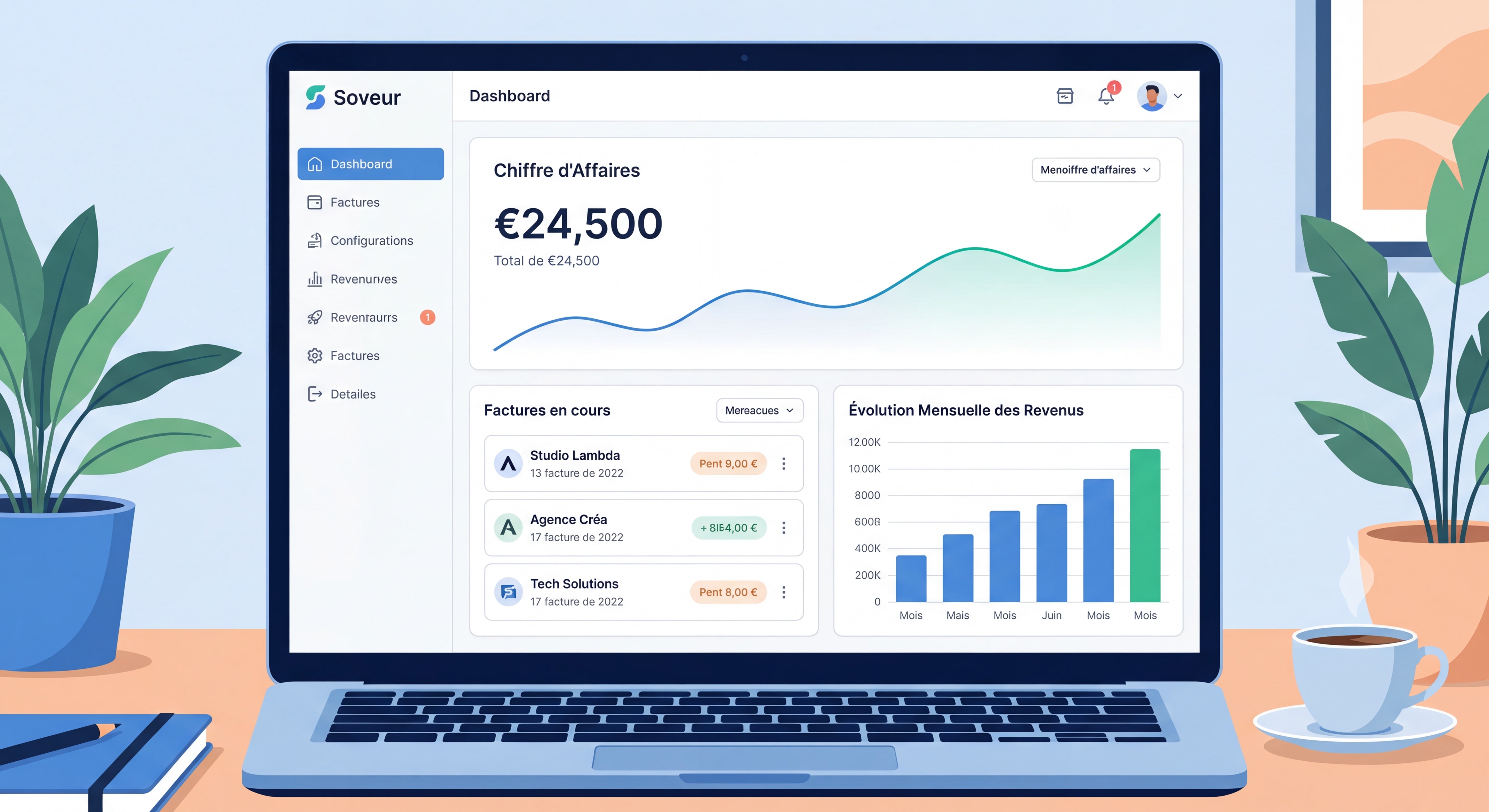 Dashboard moderne d'un outil de gestion freelance type Soveur montrant le suivi du chiffre d'affaires, les factures en cours et l'évolution mensuelle des revenus, interface clean et inspirante