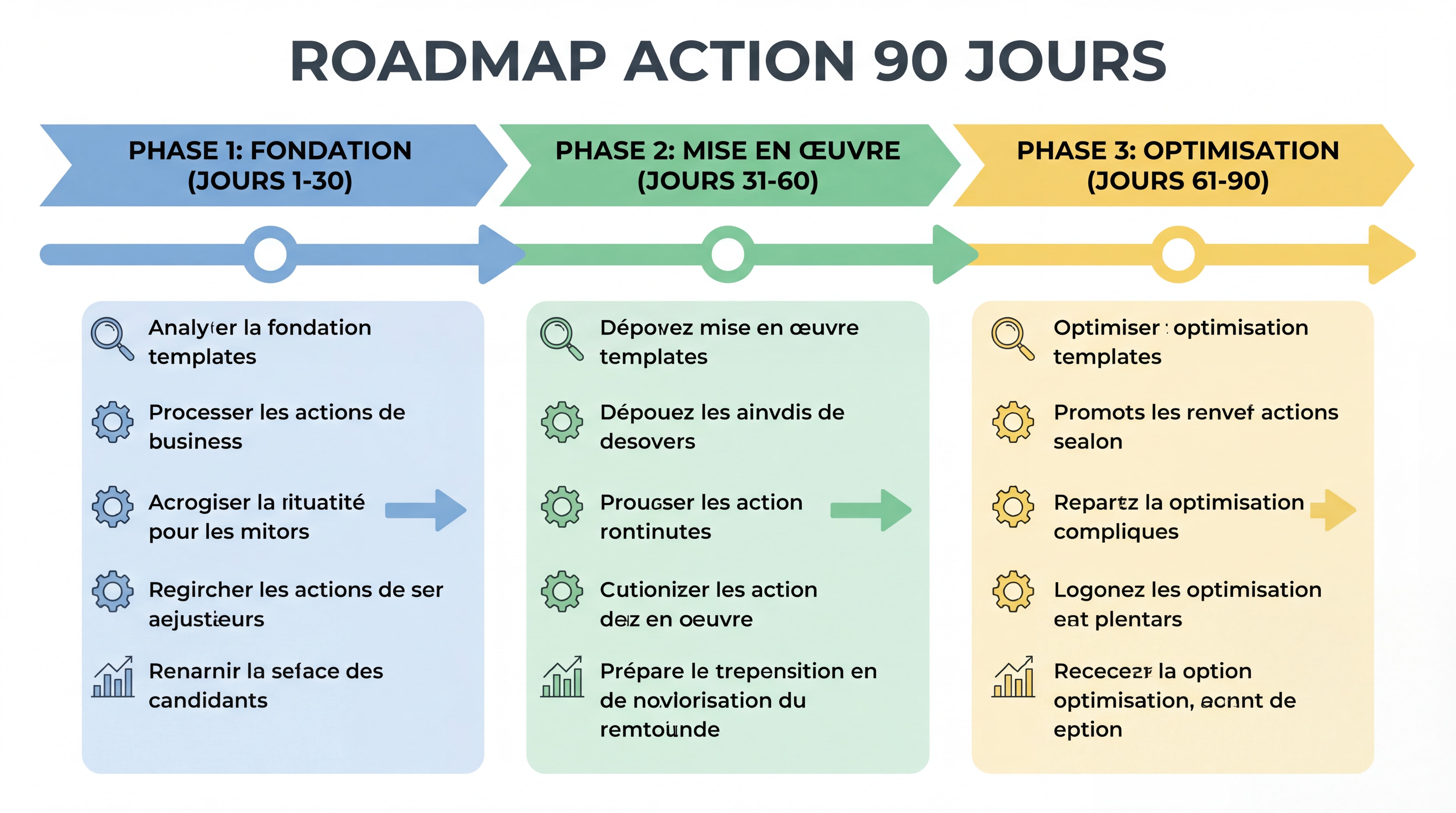 Roadmap visuelle du plan d'action 90 jours en 3 phases avec timeline claire et étapes clés, style infographie épurée et actionnable