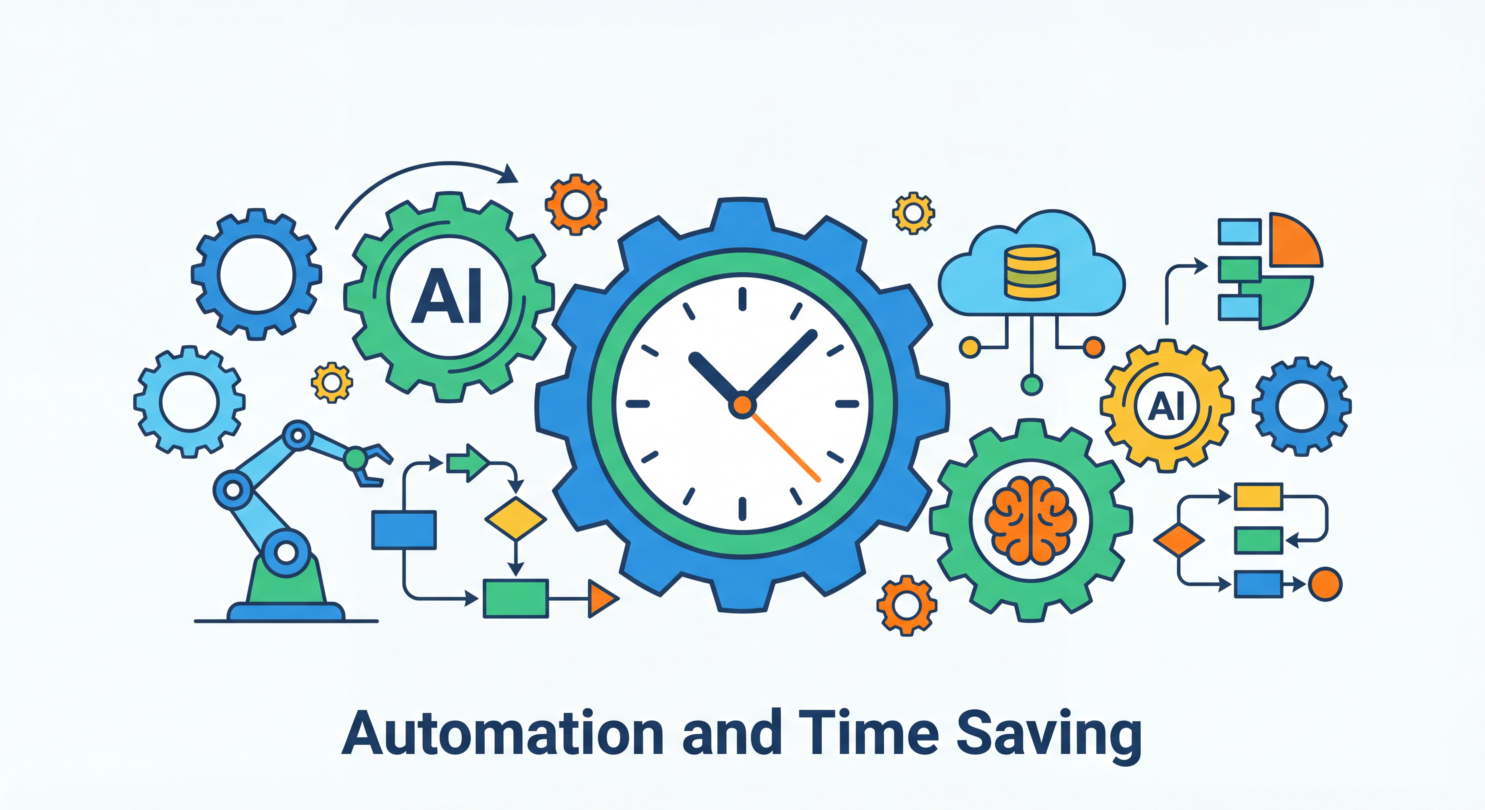 Illustration flat design représentant l'automation et le gain de temps : engrenages connectés, horloge, outils IA et workflows automatisés, style moderne et épuré aux couleurs vives