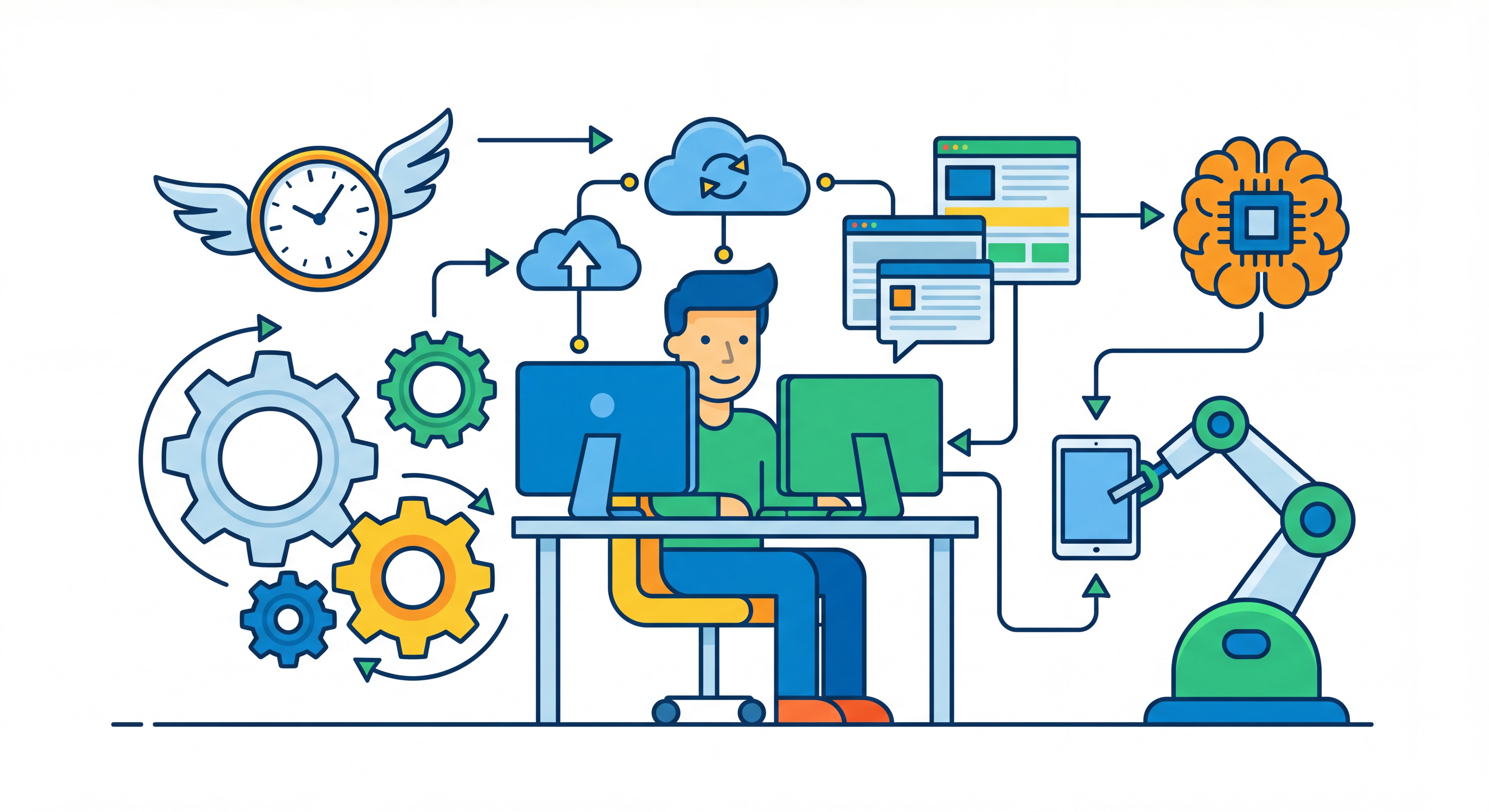 Illustration flat design moderne représentant l'automation et le gain de temps pour un freelance, avec engrenages, horloge, outils connectés et symboles IA, couleurs vives et professionnelles