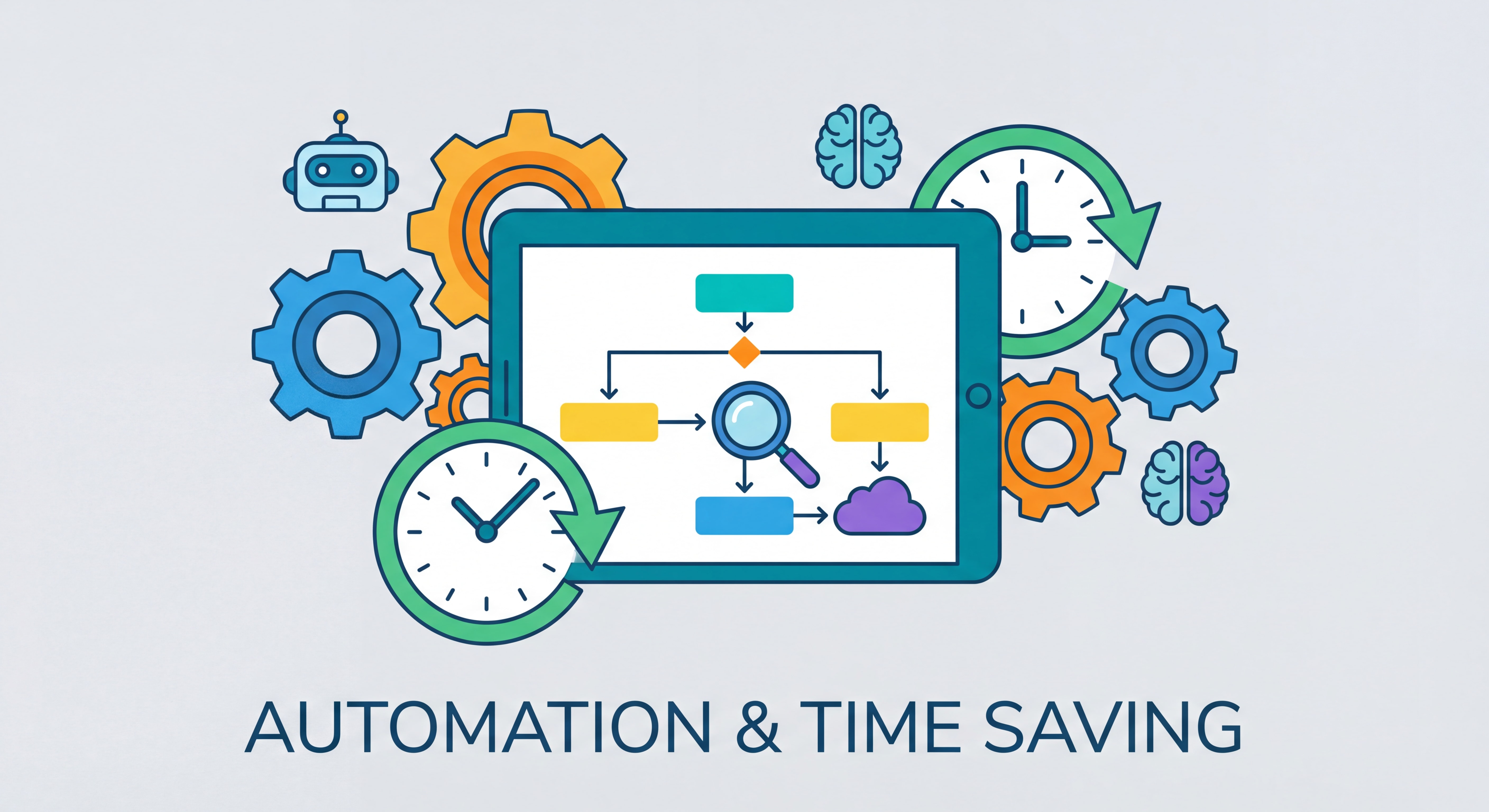 Illustration flat design moderne représentant l'automation et le gain de temps — engrenages connectés, horloge, outils IA, interface numérique épurée, couleurs vives professionnelles