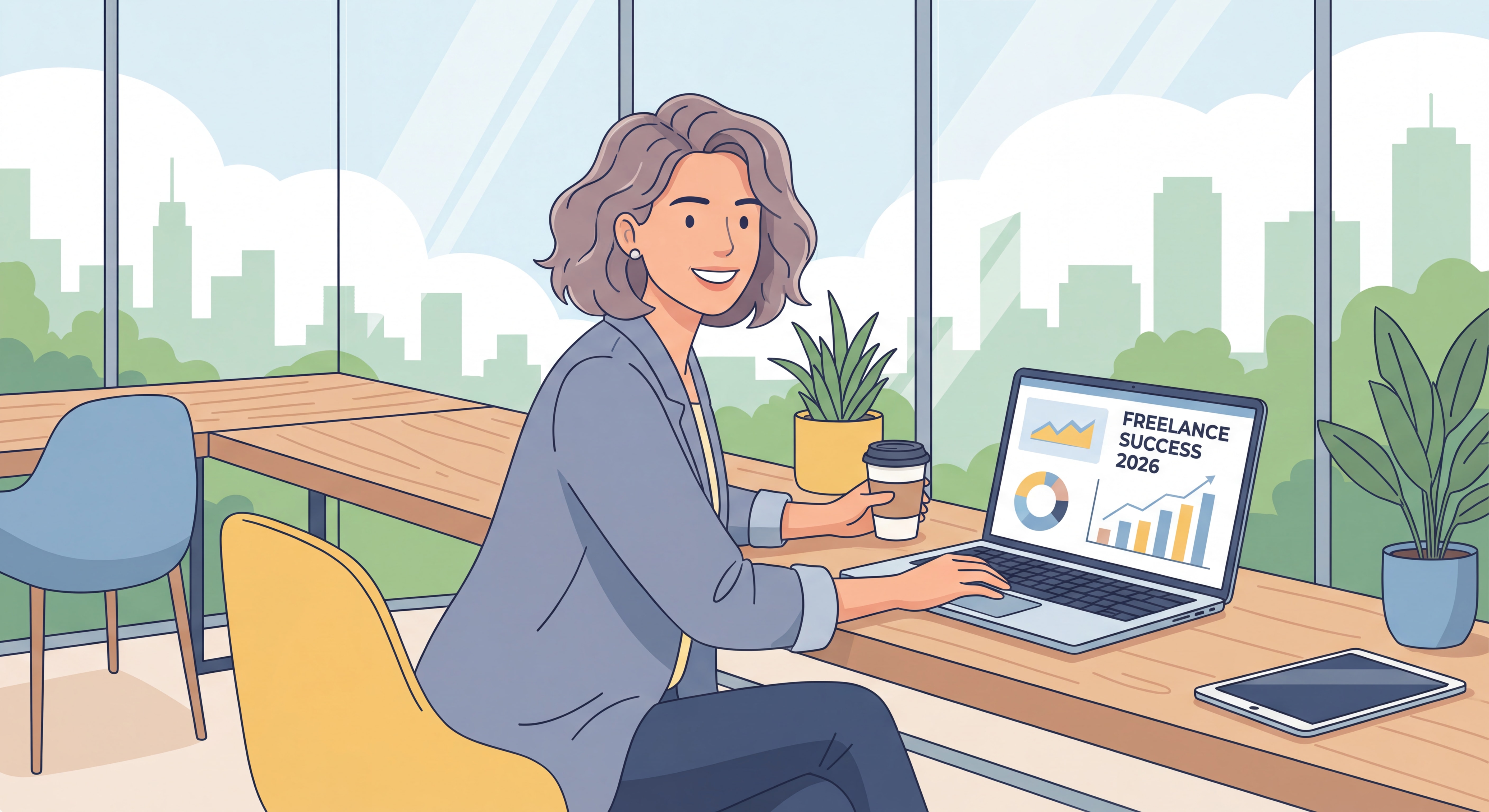 Indépendant(e) confiant(e) souriant devant un laptop dans un espace de travail moderne et lumineux, symbolisant la réussite freelance en 2026