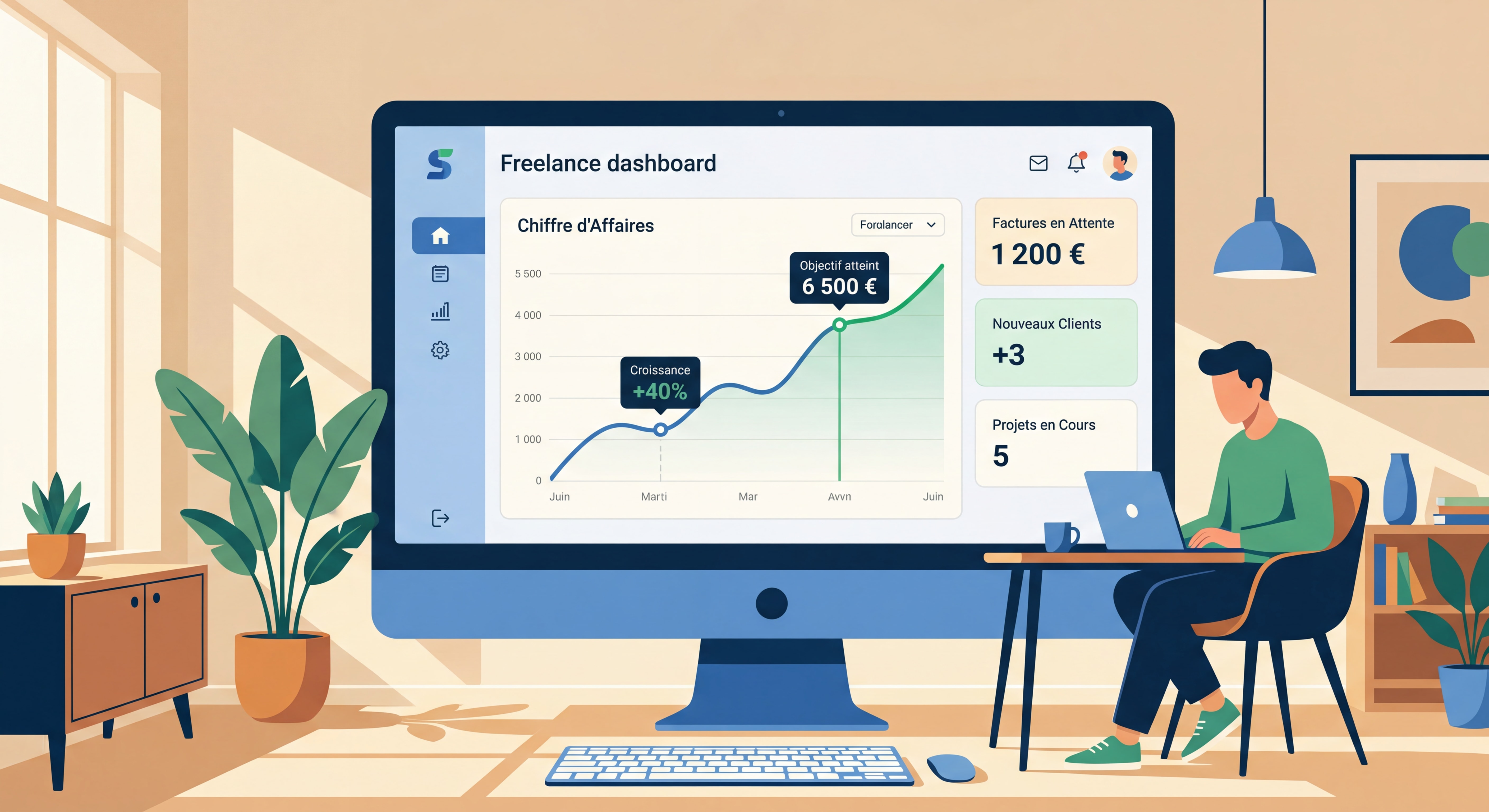 Dashboard d'outil de gestion freelance type Soveur montrant un suivi de chiffre d'affaires avec courbe de progression, interface moderne et épurée, données inspirantes