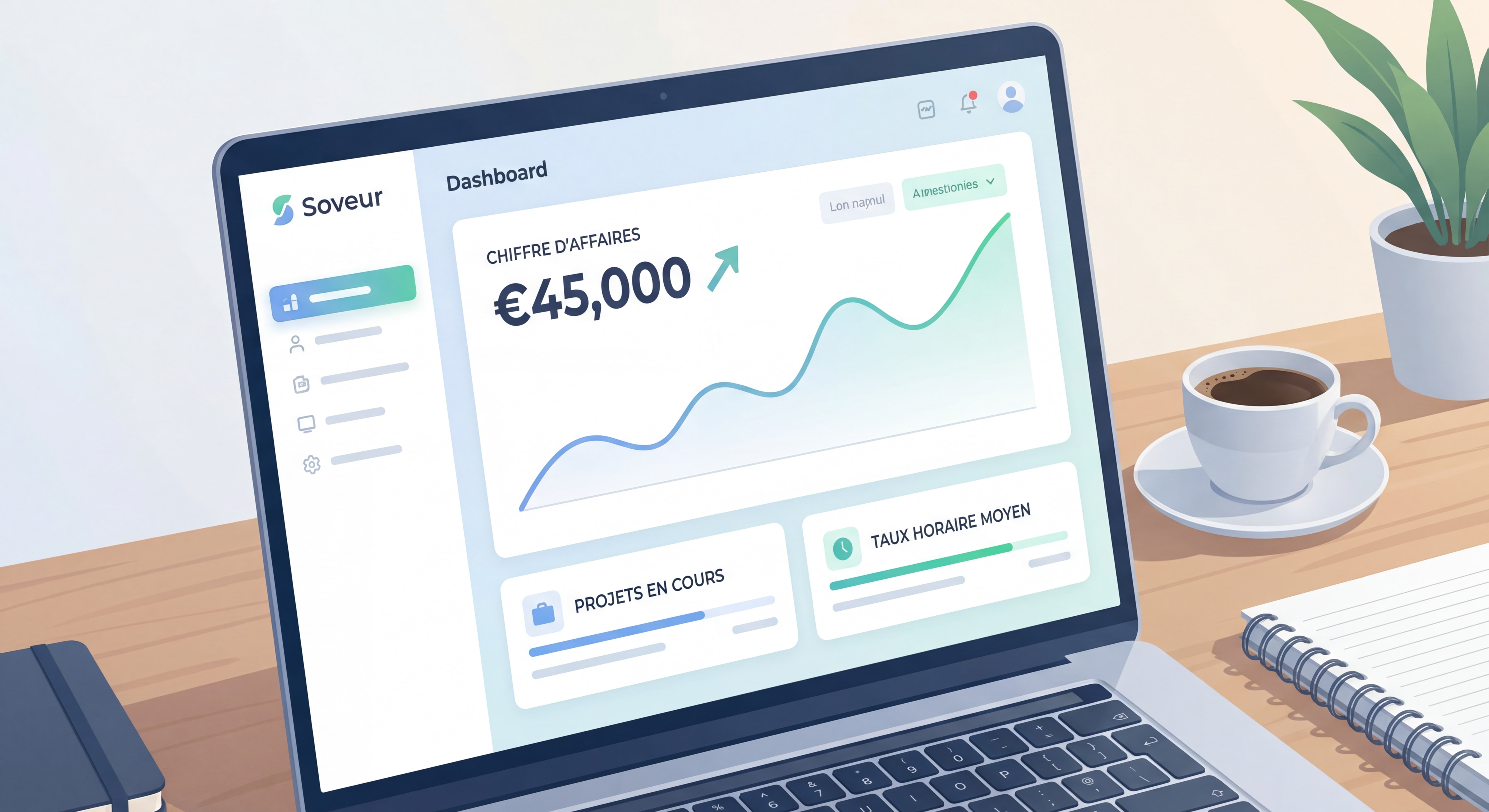 Dashboard d'outil de gestion freelance type Soveur montrant un suivi de chiffre d'affaires en progression, interface moderne et épurée, données inspirantes
