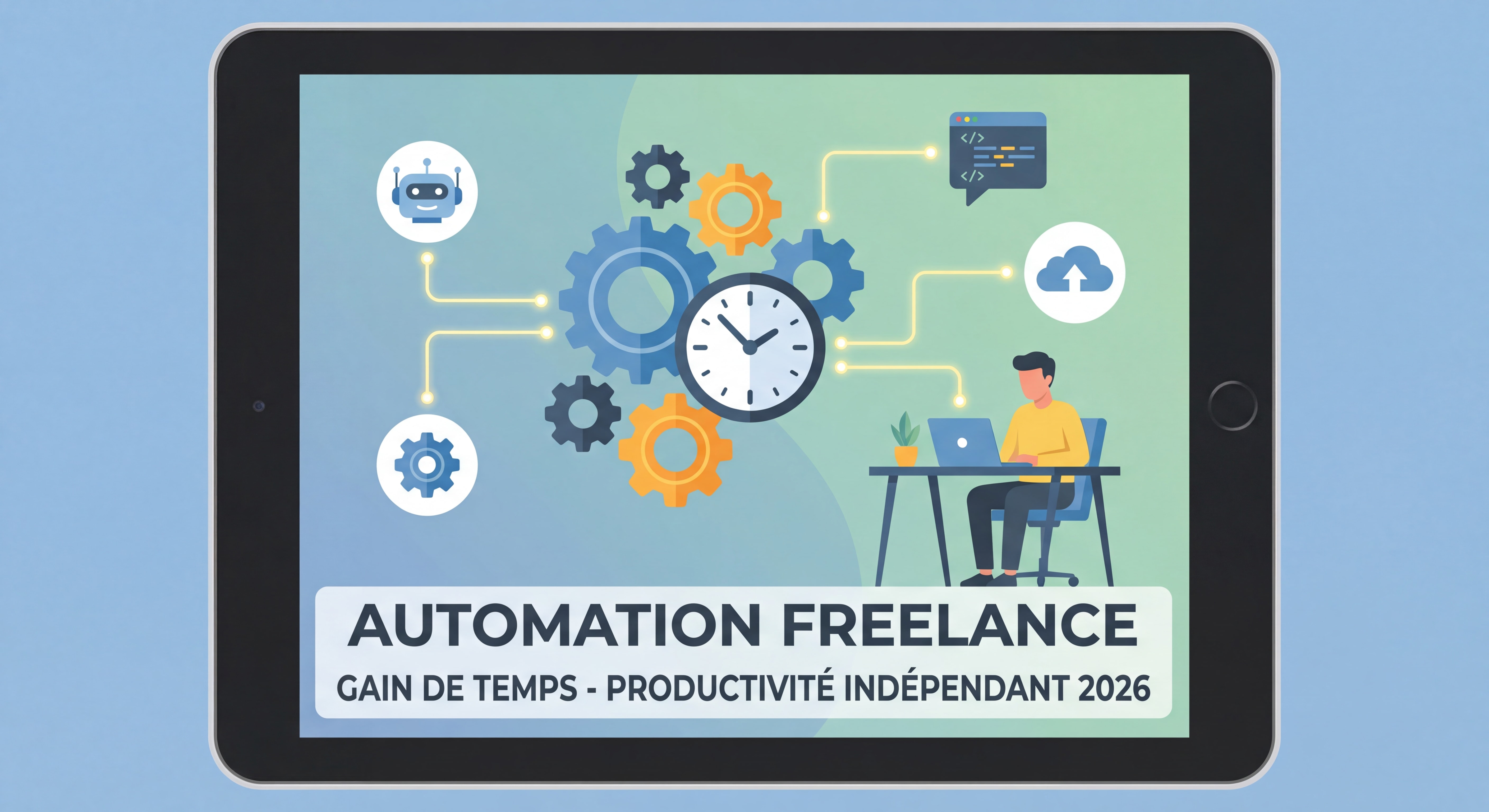 Illustration flat design moderne représentant l'automation freelance avec engrenages, horloge, outils IA connectés et gain de temps - productivité indépendant 2026